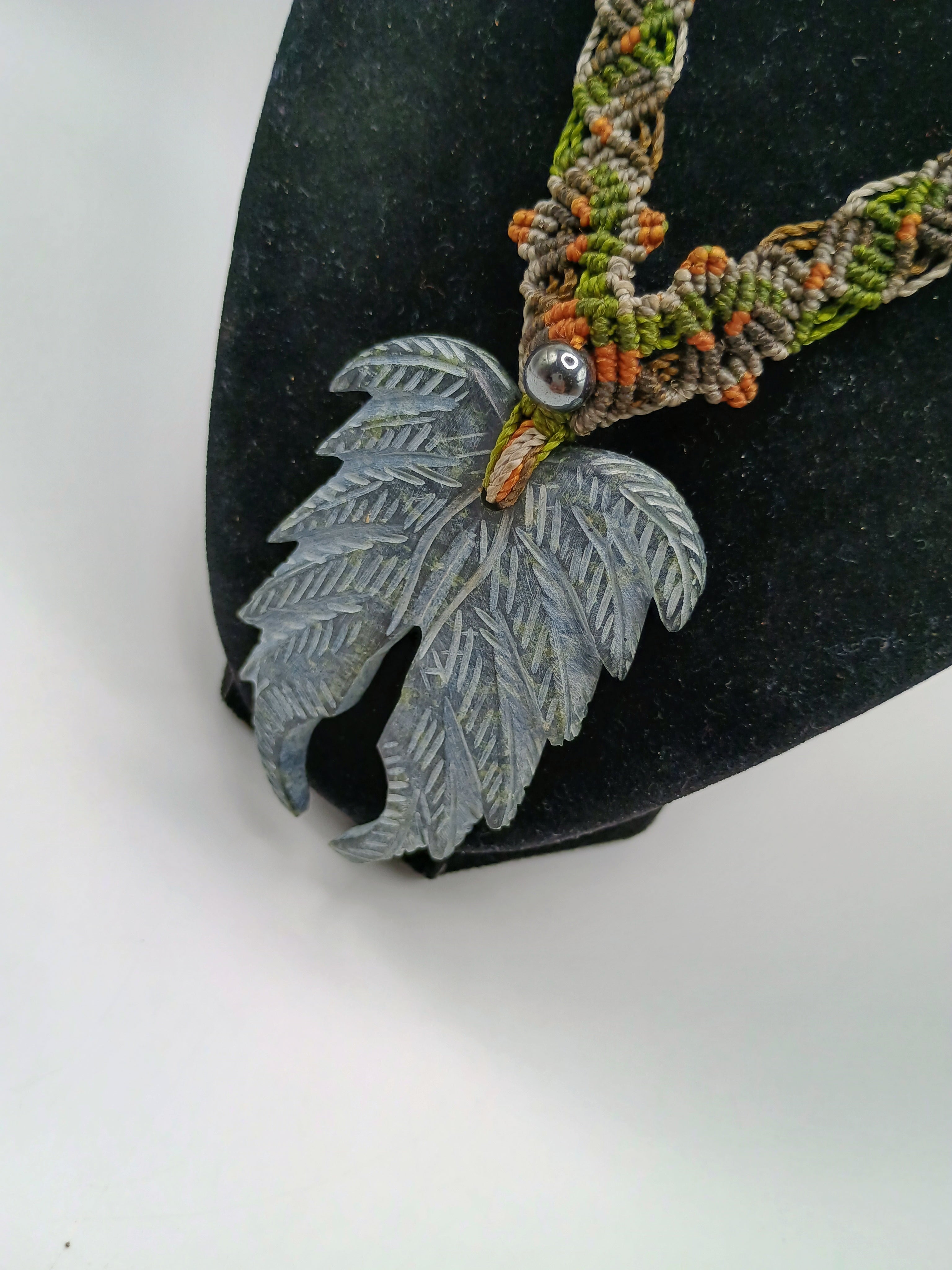 Natural Stone Necklace, Carved Feather Shape, Hand-woven Macrame