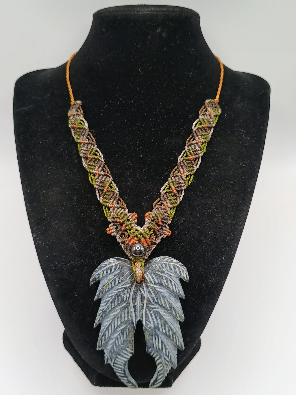 Natural Stone Necklace, Carved Feather Shape, Hand-woven Macrame
