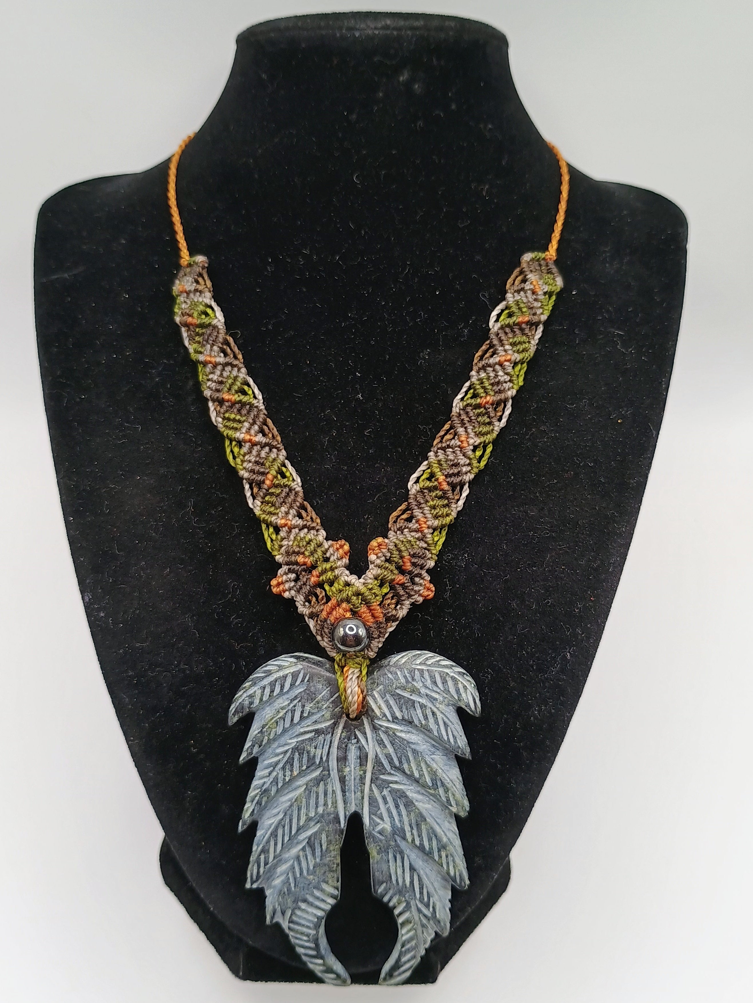 Natural Stone Necklace, Carved Feather Shape, Hand-woven Macrame