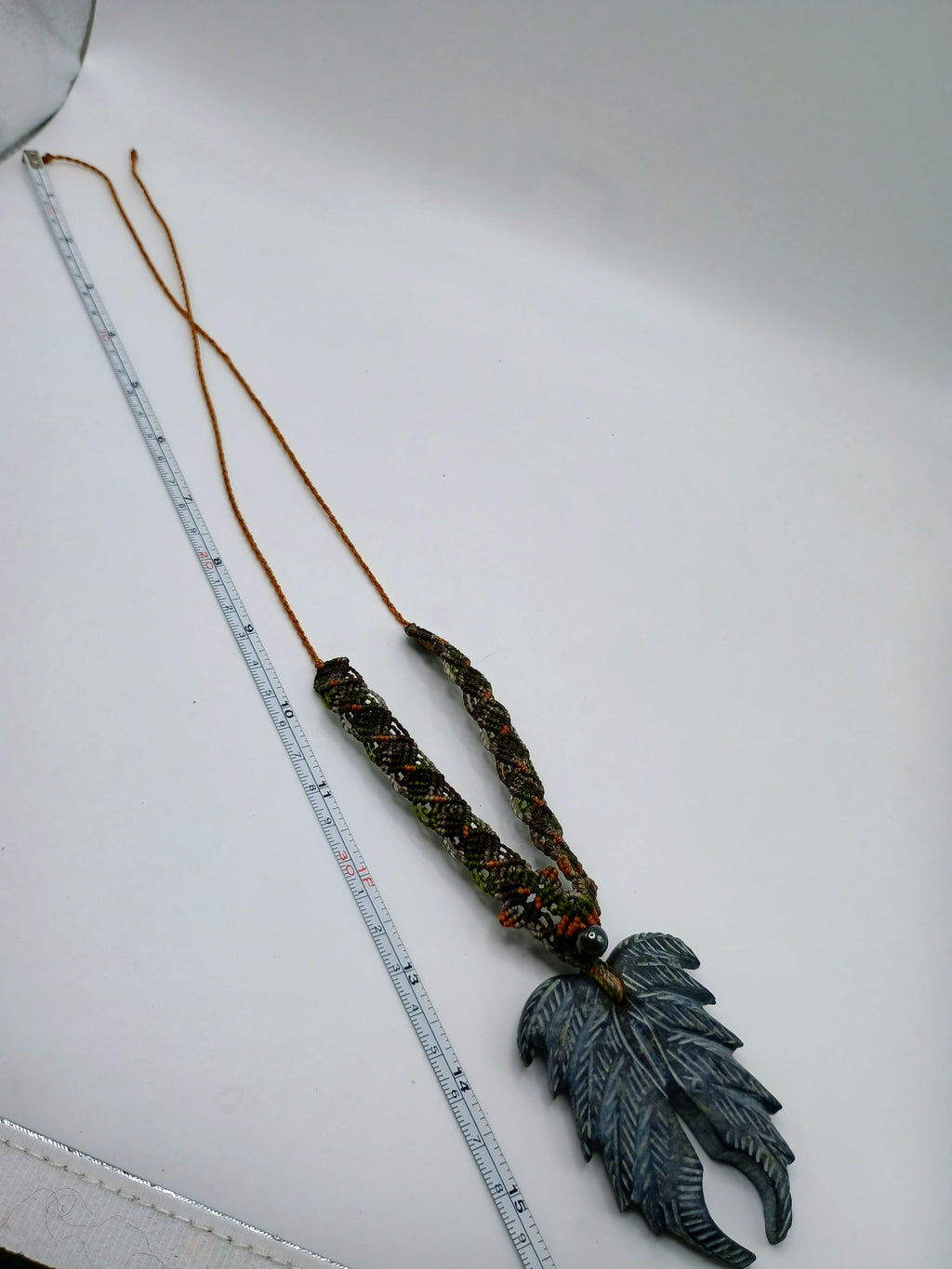 Natural Stone Necklace, Carved Feather Shape, Hand-woven Macrame