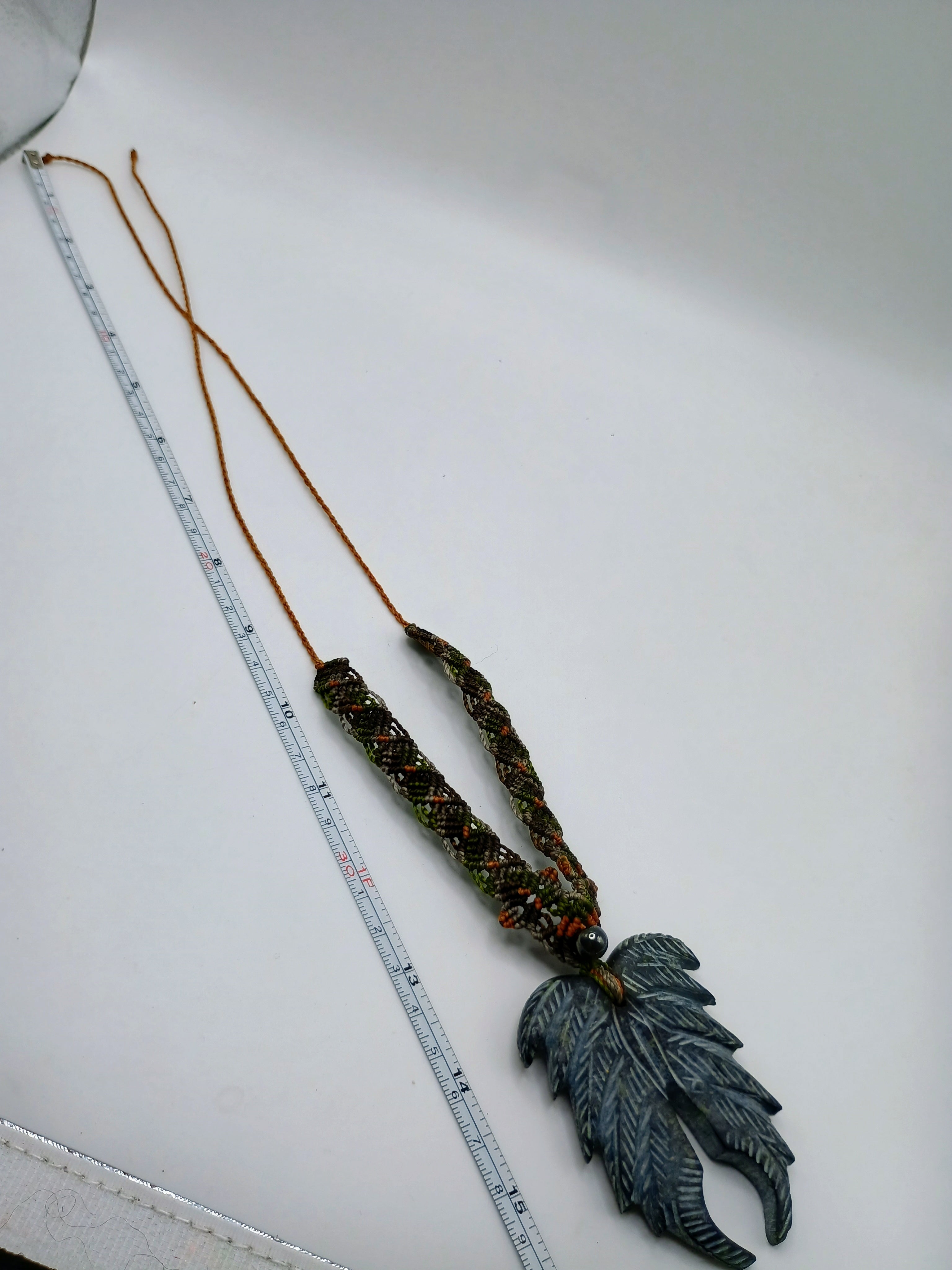 Natural Stone Necklace, Carved Feather Shape, Hand-woven Macrame