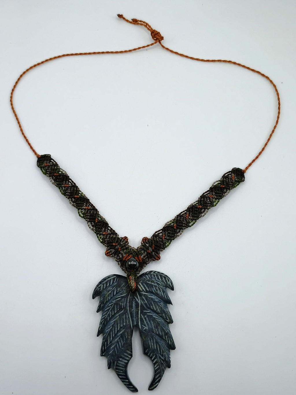 Natural Stone Necklace, Carved Feather Shape, Hand-woven Macrame