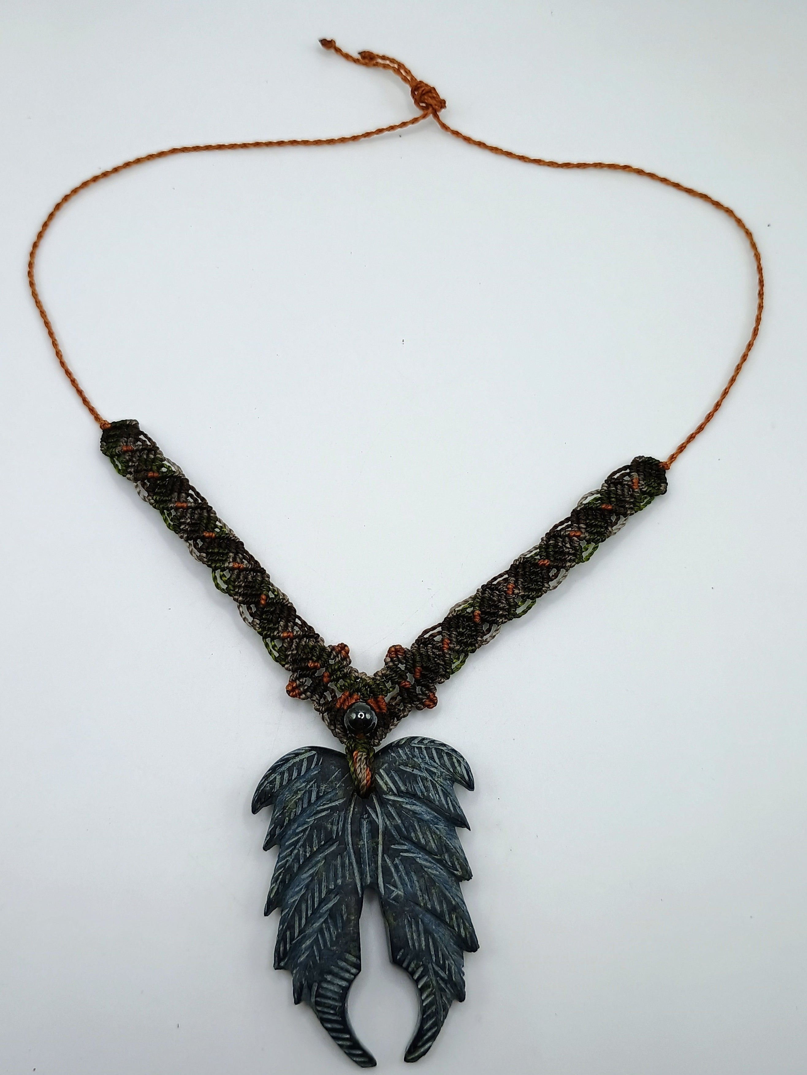 Natural Stone Necklace, Carved Feather Shape, Hand-woven Macrame