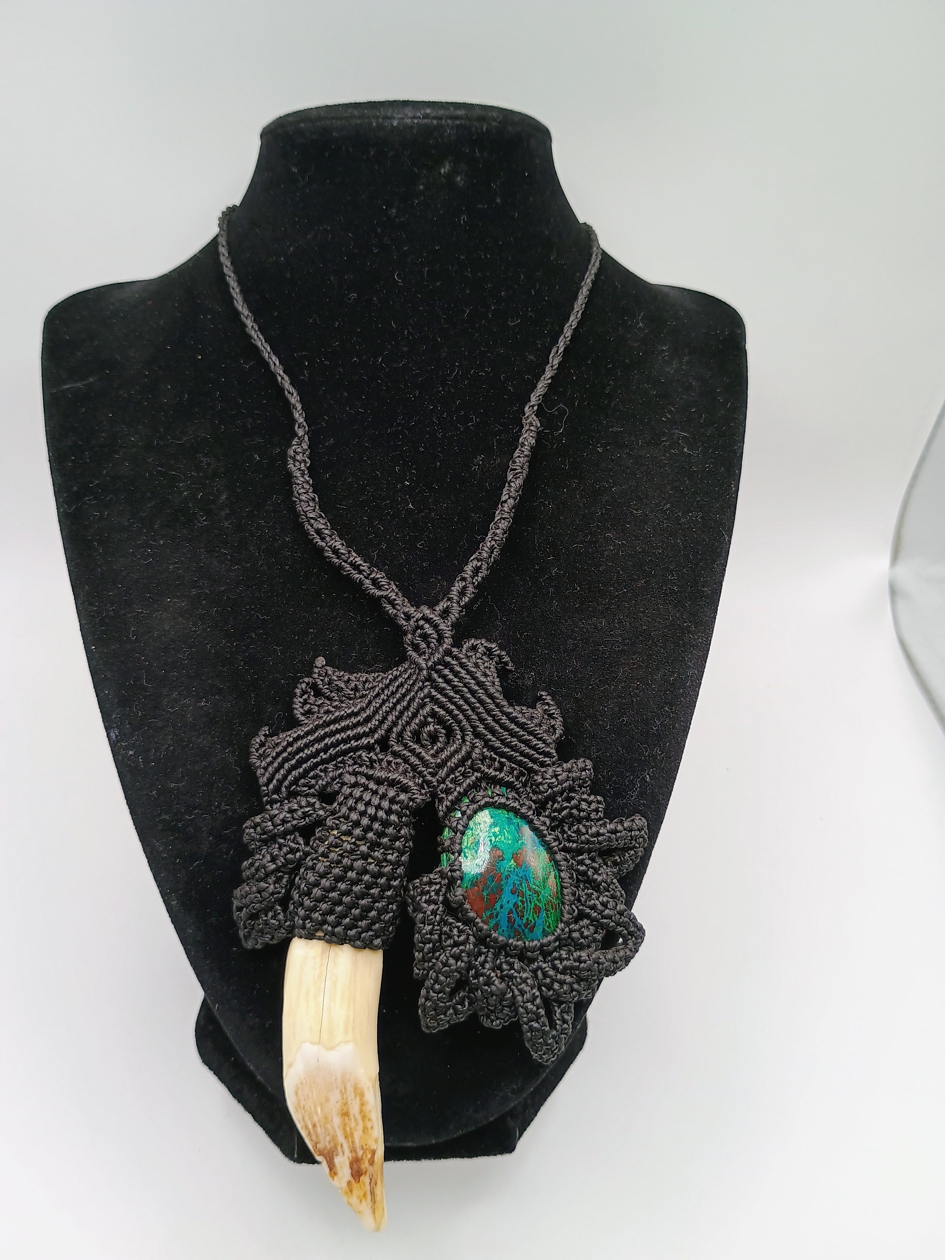 Handmade Macrame Necklace with Dandelion, Seaweed, and Natural Stone