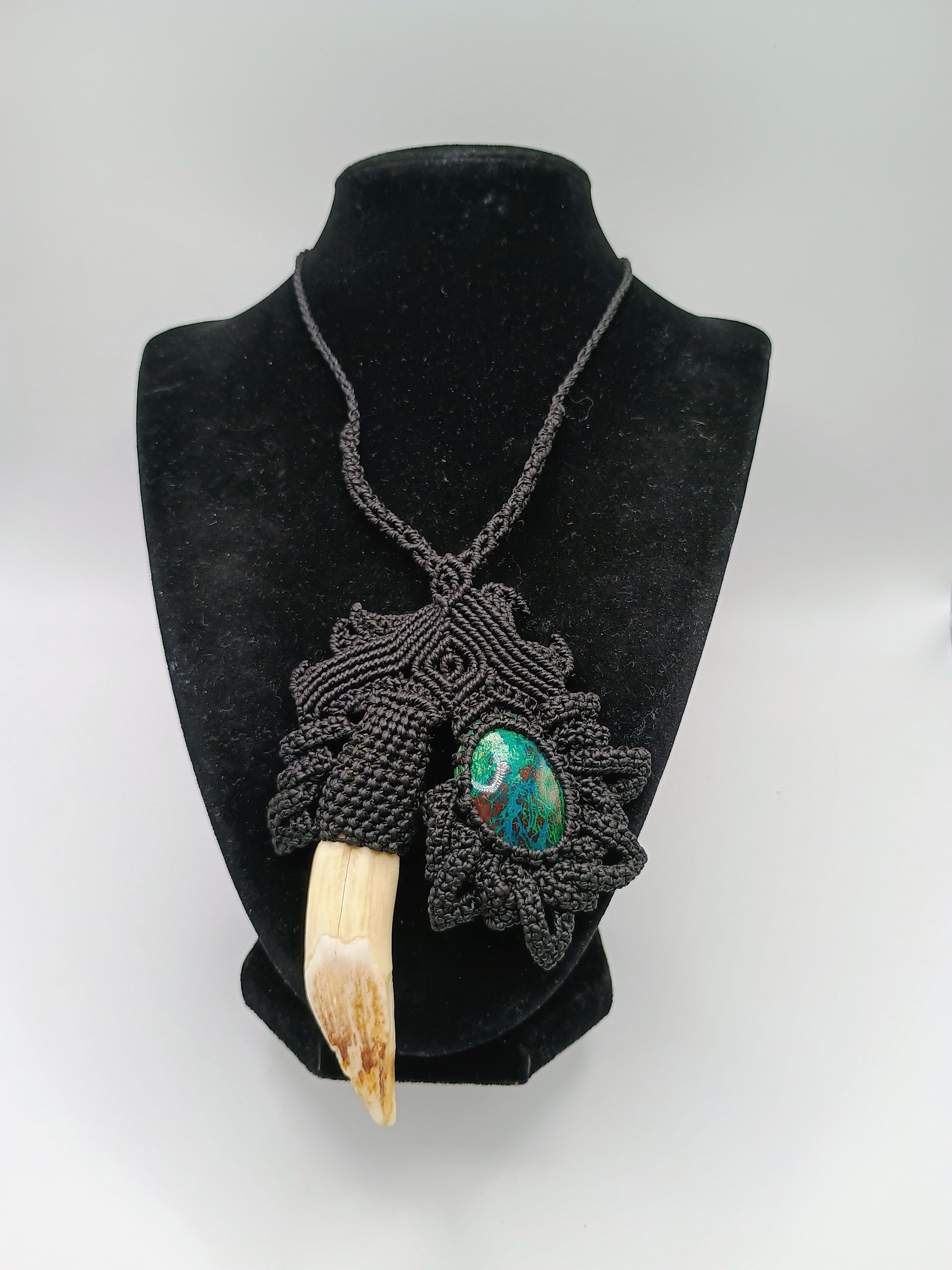 Handmade Macrame Necklace with Dandelion, Seaweed, and Natural Stone