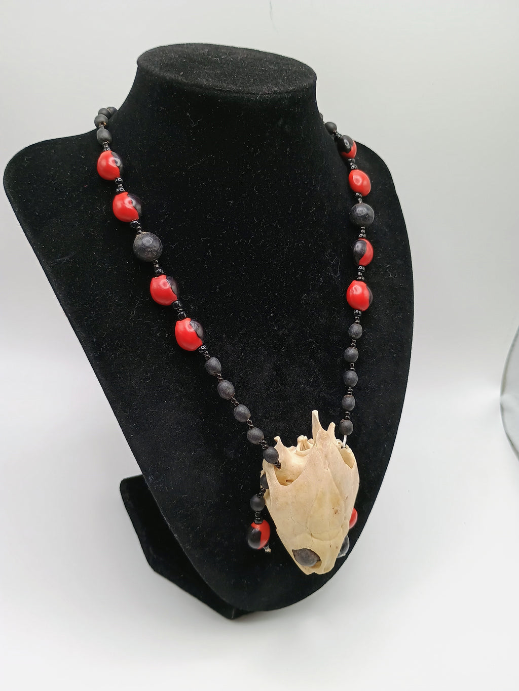Handmade Shamanic Necklace with Huayruro Seeds and Sacred Turtle Skull
