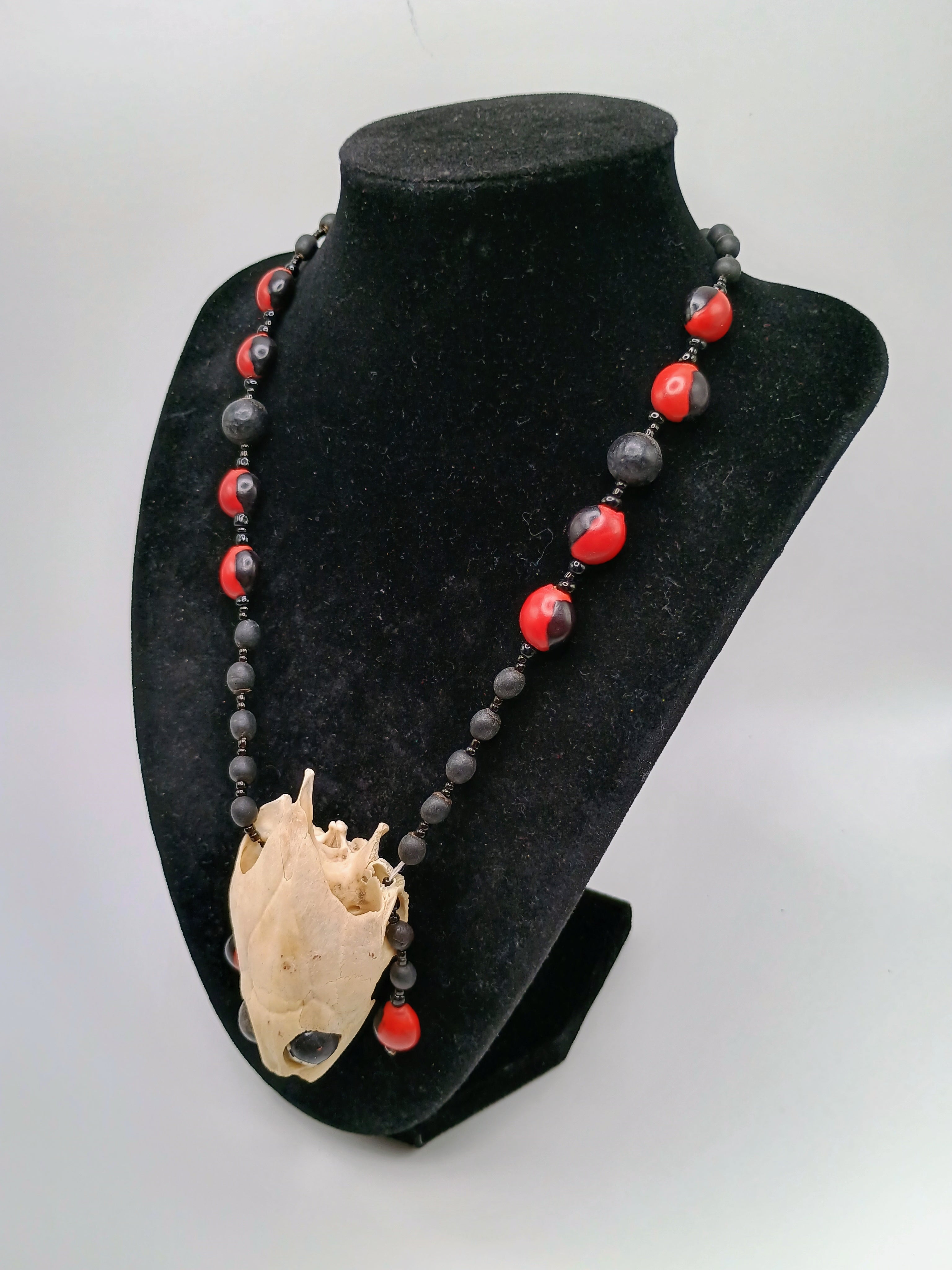Handmade Shamanic Necklace with Huayruro Seeds and Sacred Turtle Skull