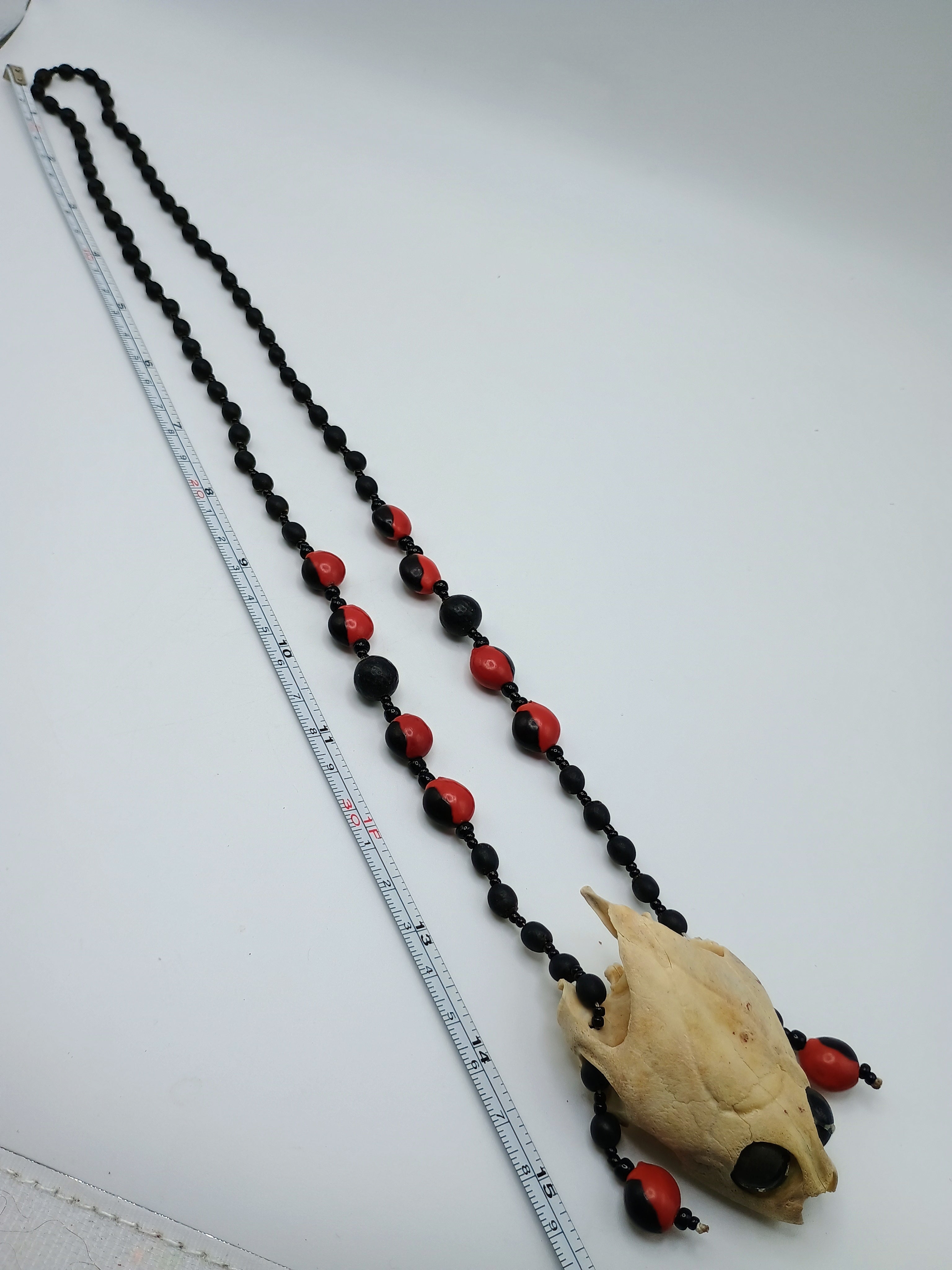Handmade Shamanic Necklace with Huayruro Seeds and Sacred Turtle Skull