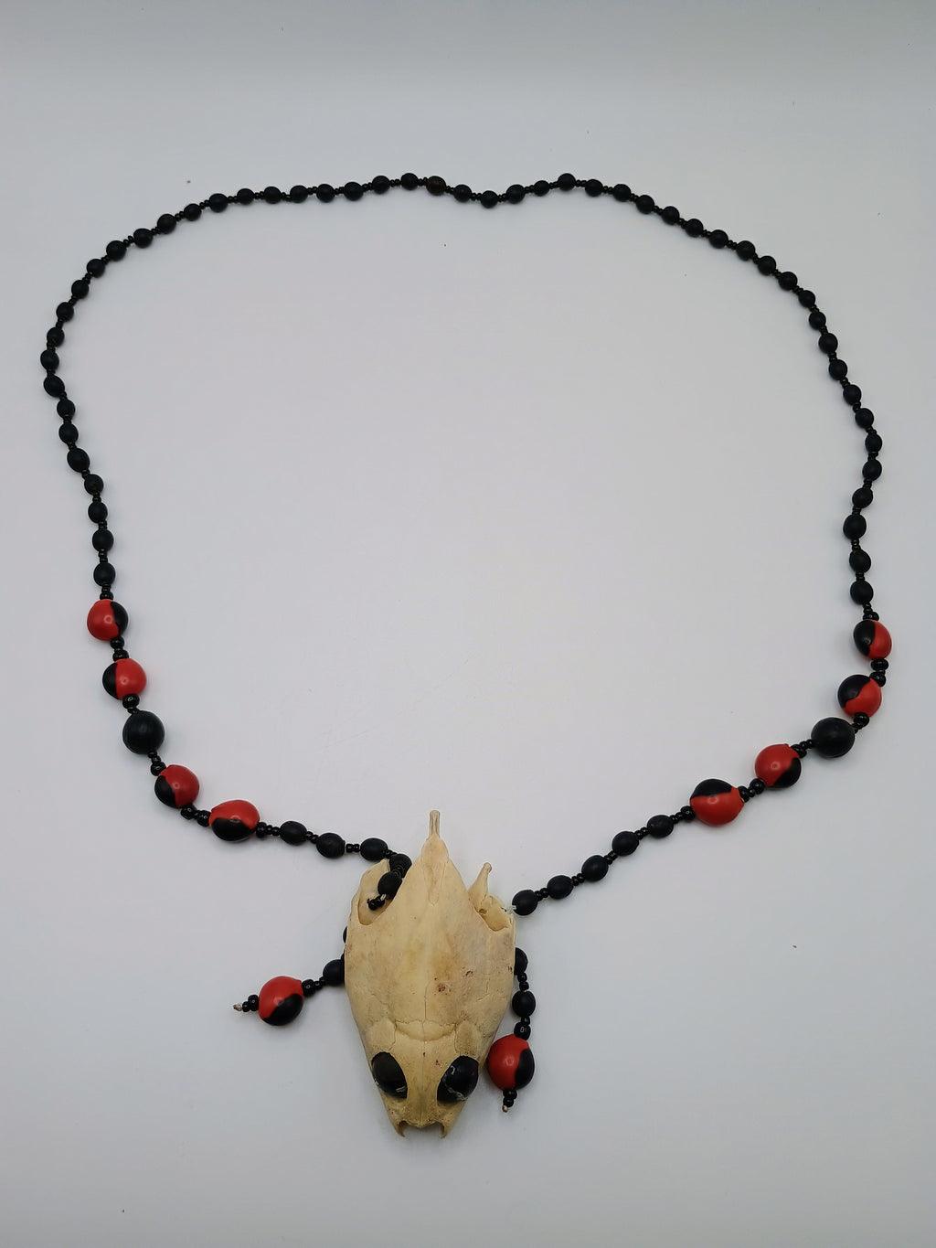 Handmade Shamanic Necklace with Huayruro Seeds and Sacred Turtle Skull