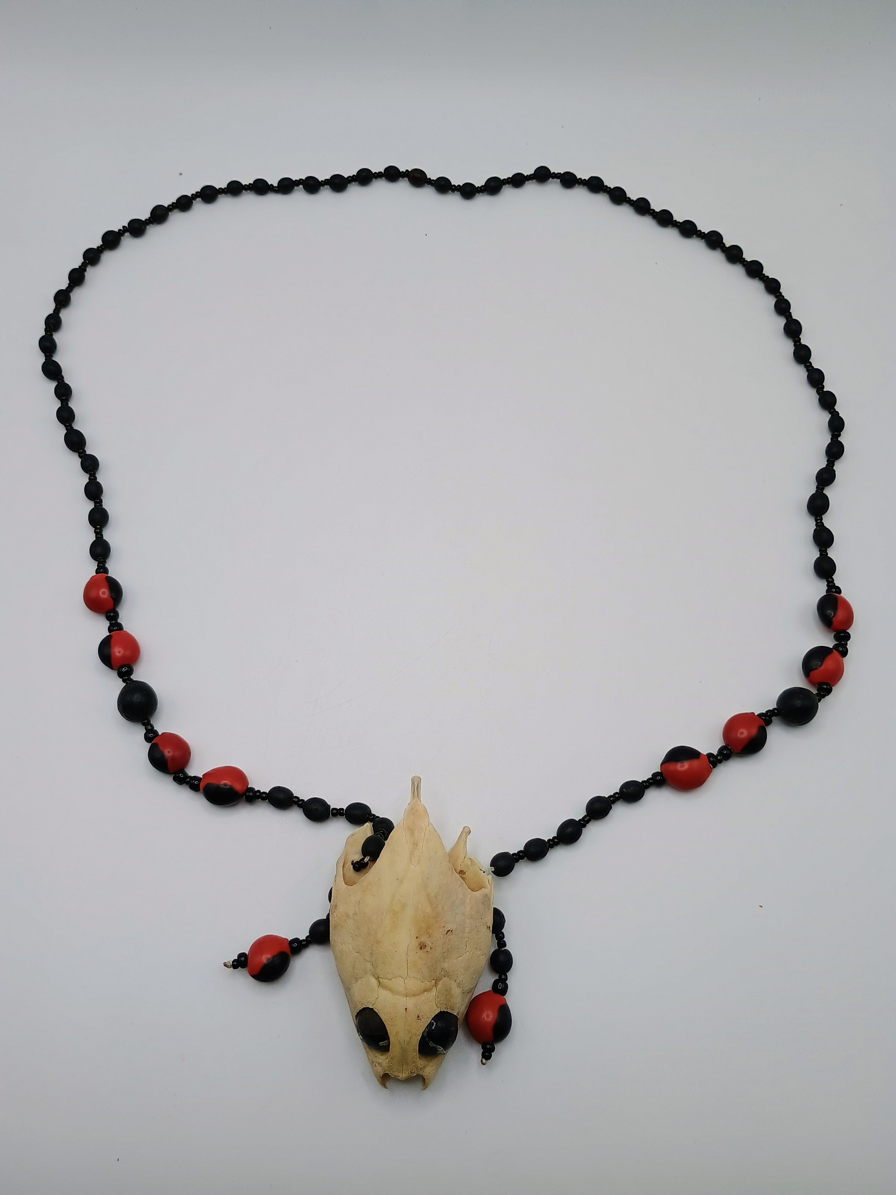 Handmade Shamanic Necklace with Huayruro Seeds and Sacred Turtle Skull