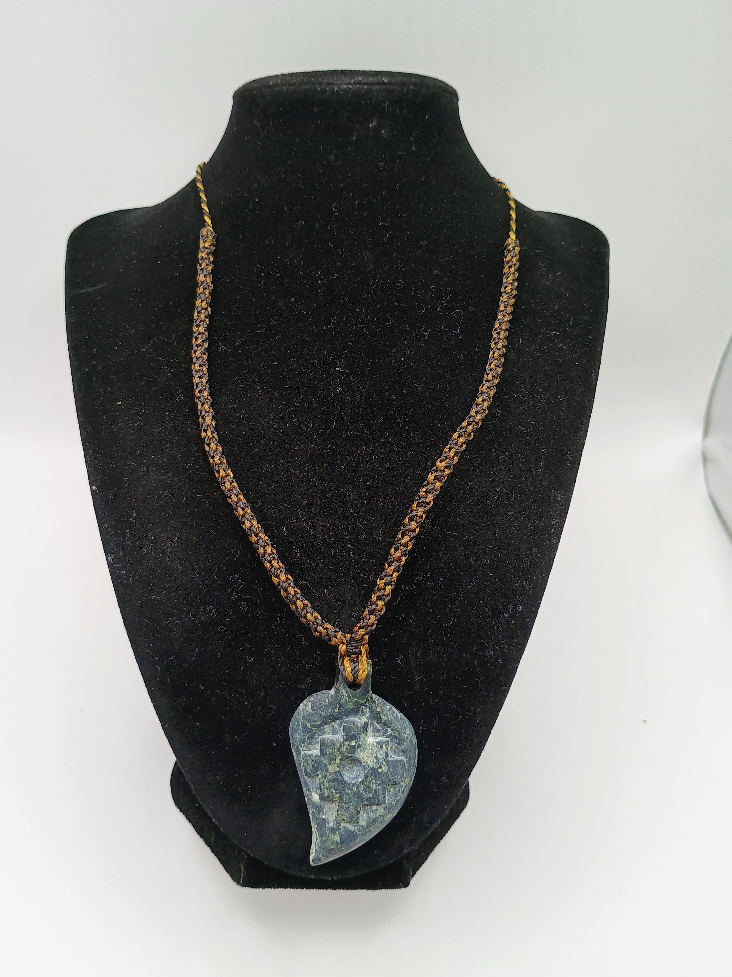 Inca Chakana Necklace Carved Natural Stone Hand Woven Macrame