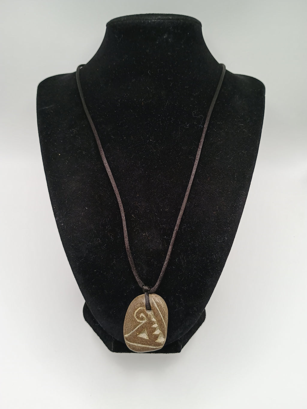 Natural Stone Necklace with Hand Engraving and Amulet, Adjustable Cord