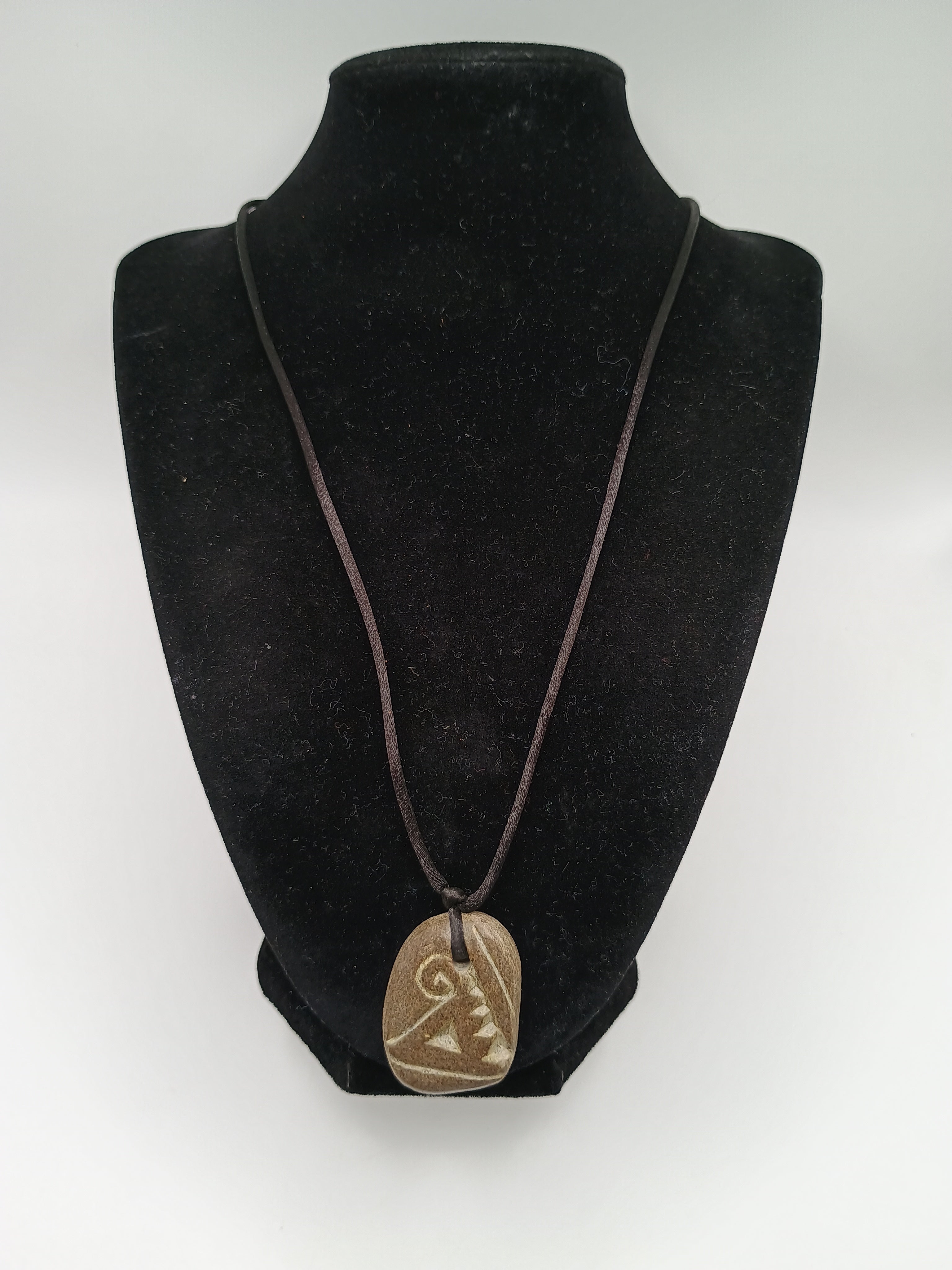 Natural Stone Necklace with Hand Engraving and Amulet, Adjustable Cord
