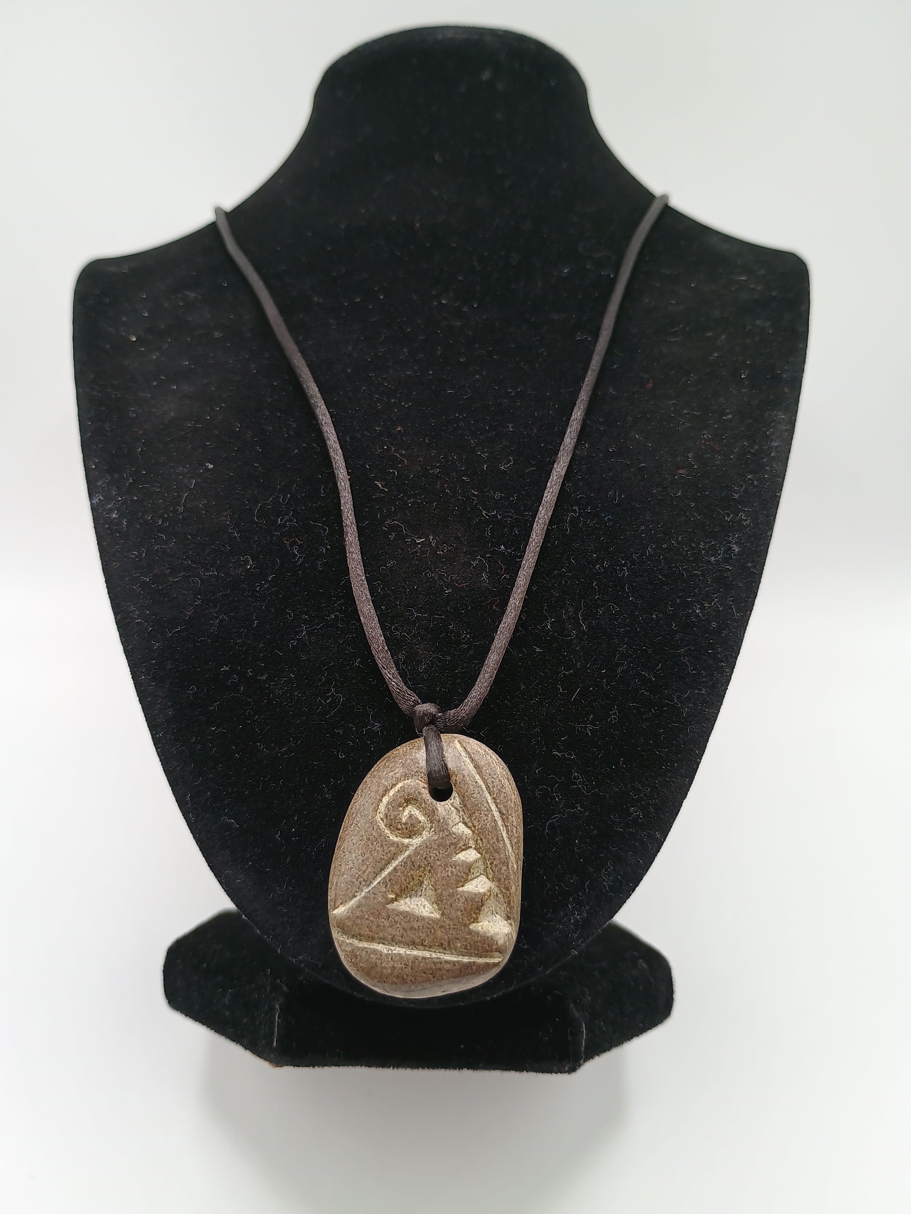 Natural Stone Necklace with Hand Engraving and Amulet, Adjustable Cord