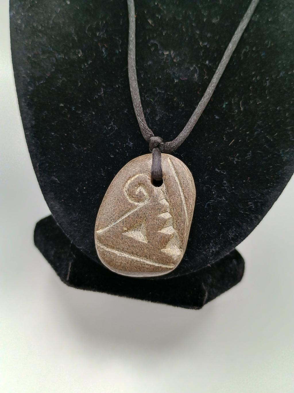 Natural Stone Necklace with Hand Engraving and Amulet, Adjustable Cord
