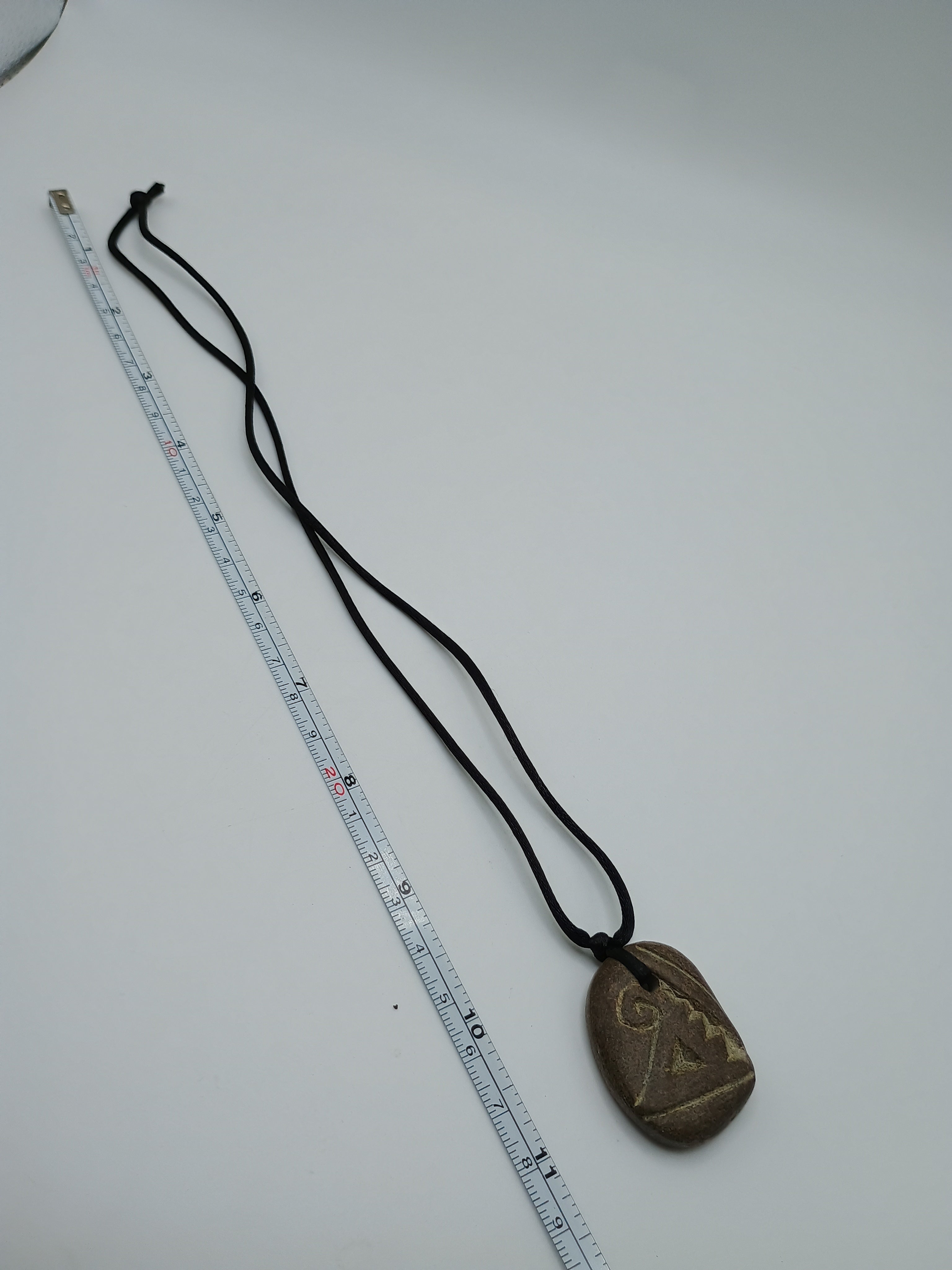 Natural Stone Necklace with Hand Engraving and Amulet, Adjustable Cord
