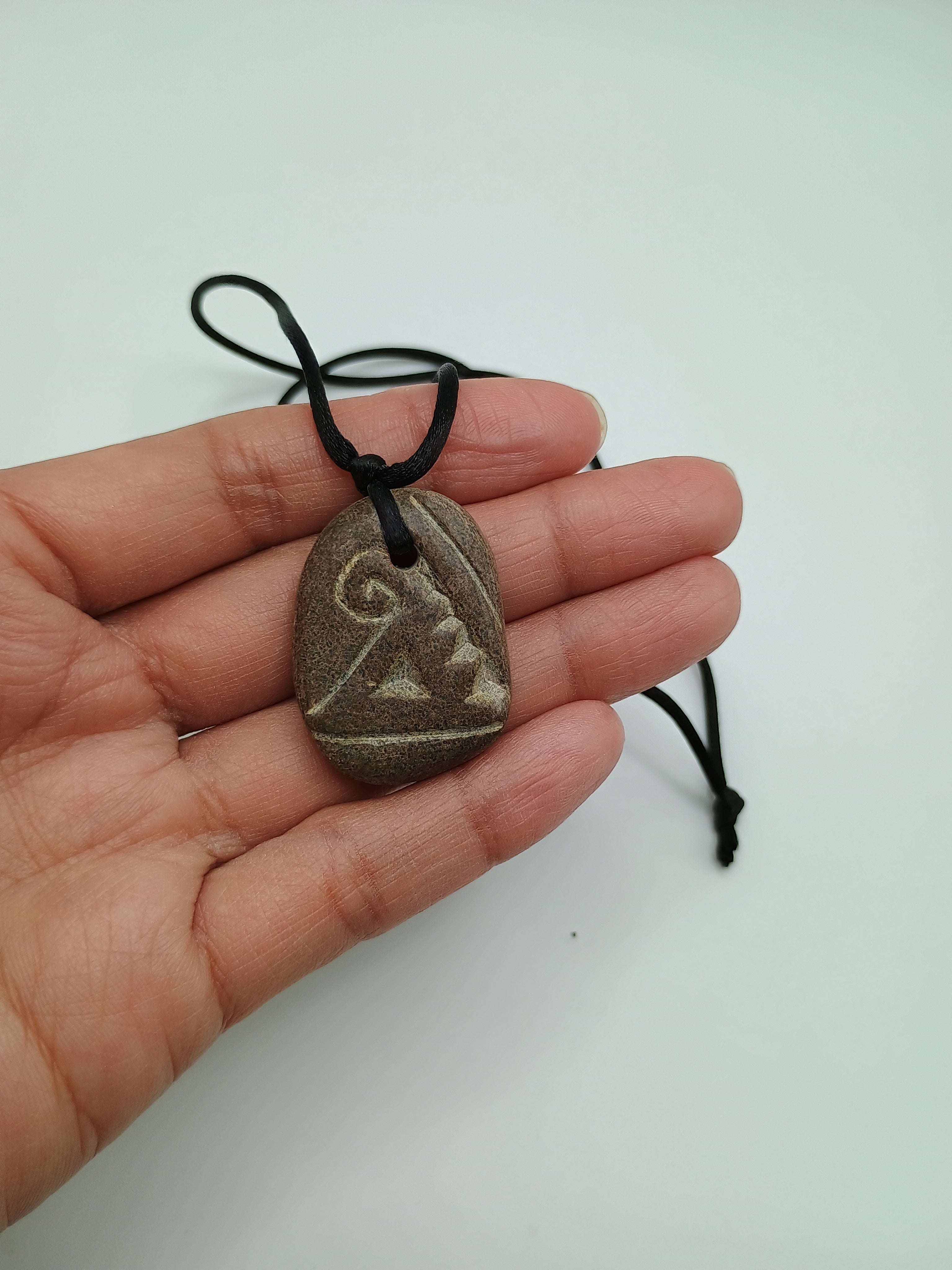 Natural Stone Necklace with Hand Engraving and Amulet, Adjustable Cord