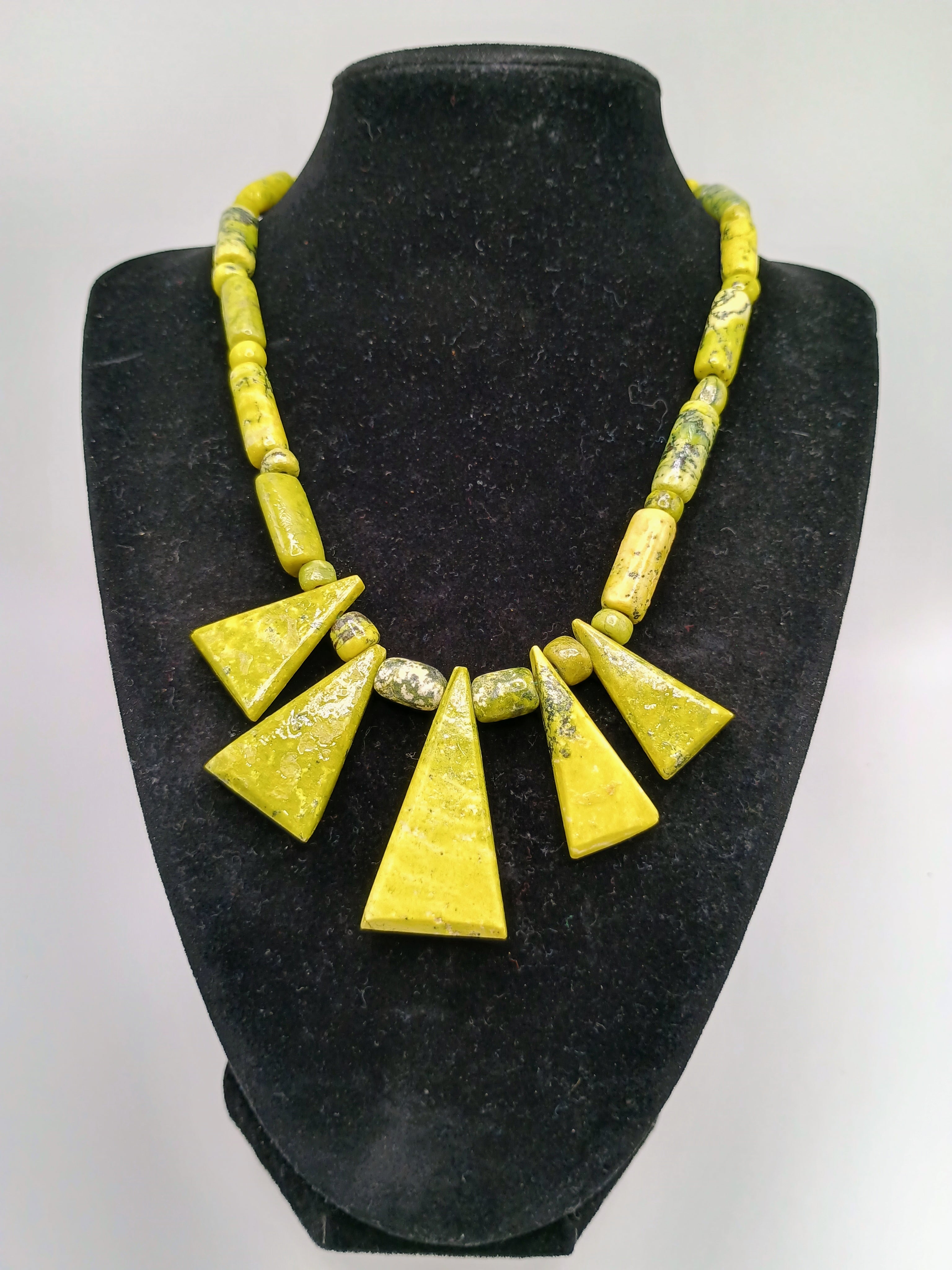Handmade Natural Serpentine Necklace with Geometric Design and Green Stone