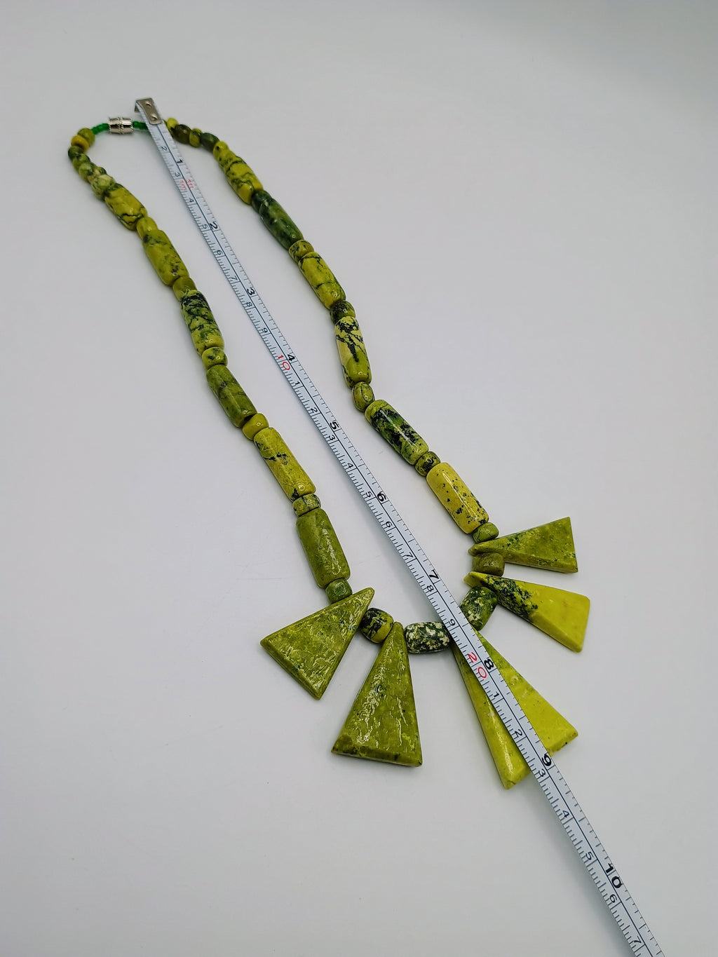 Handmade Natural Serpentine Necklace with Geometric Design and Green Stone