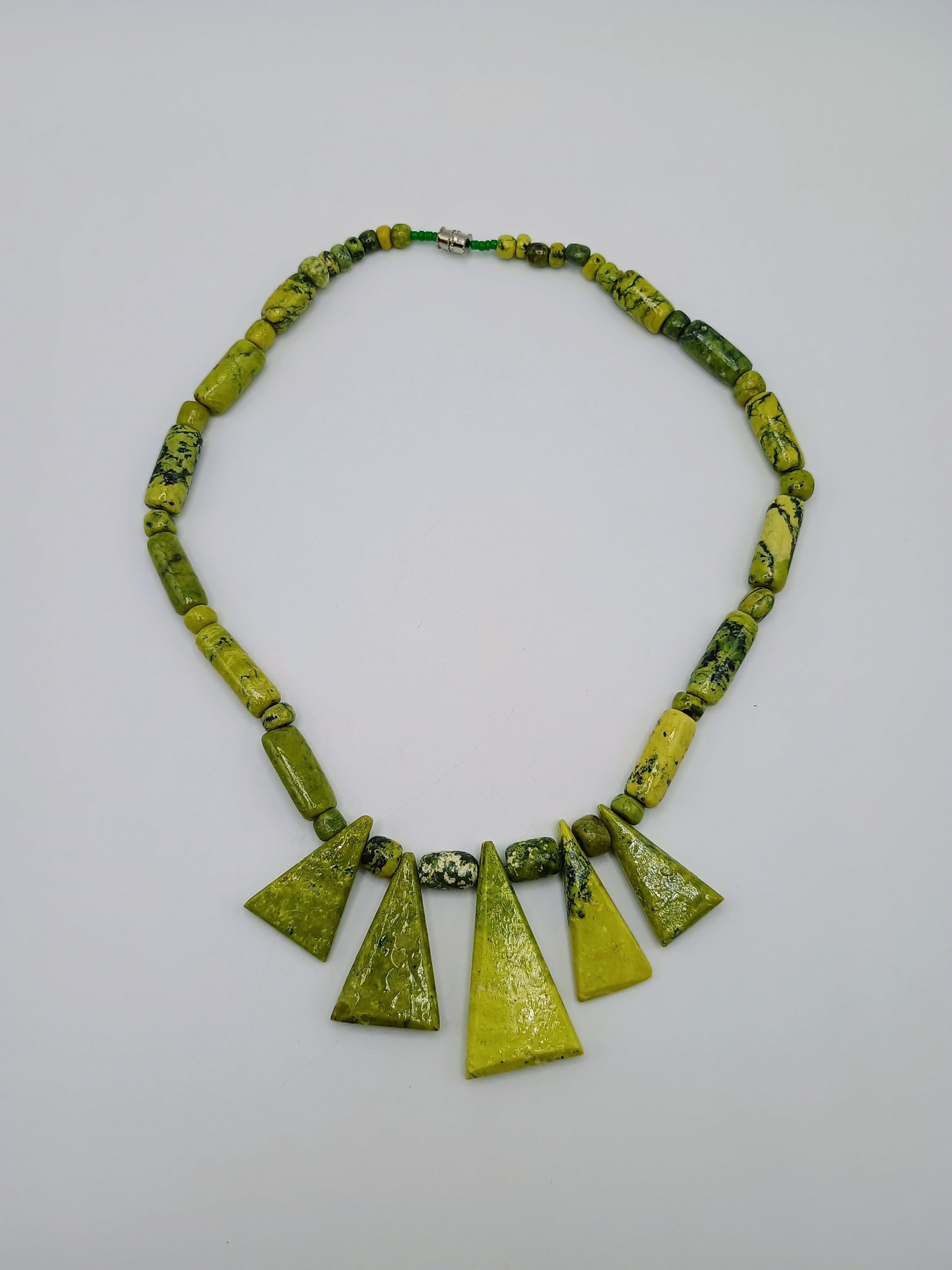 Handmade Natural Serpentine Necklace with Geometric Design and Green Stone