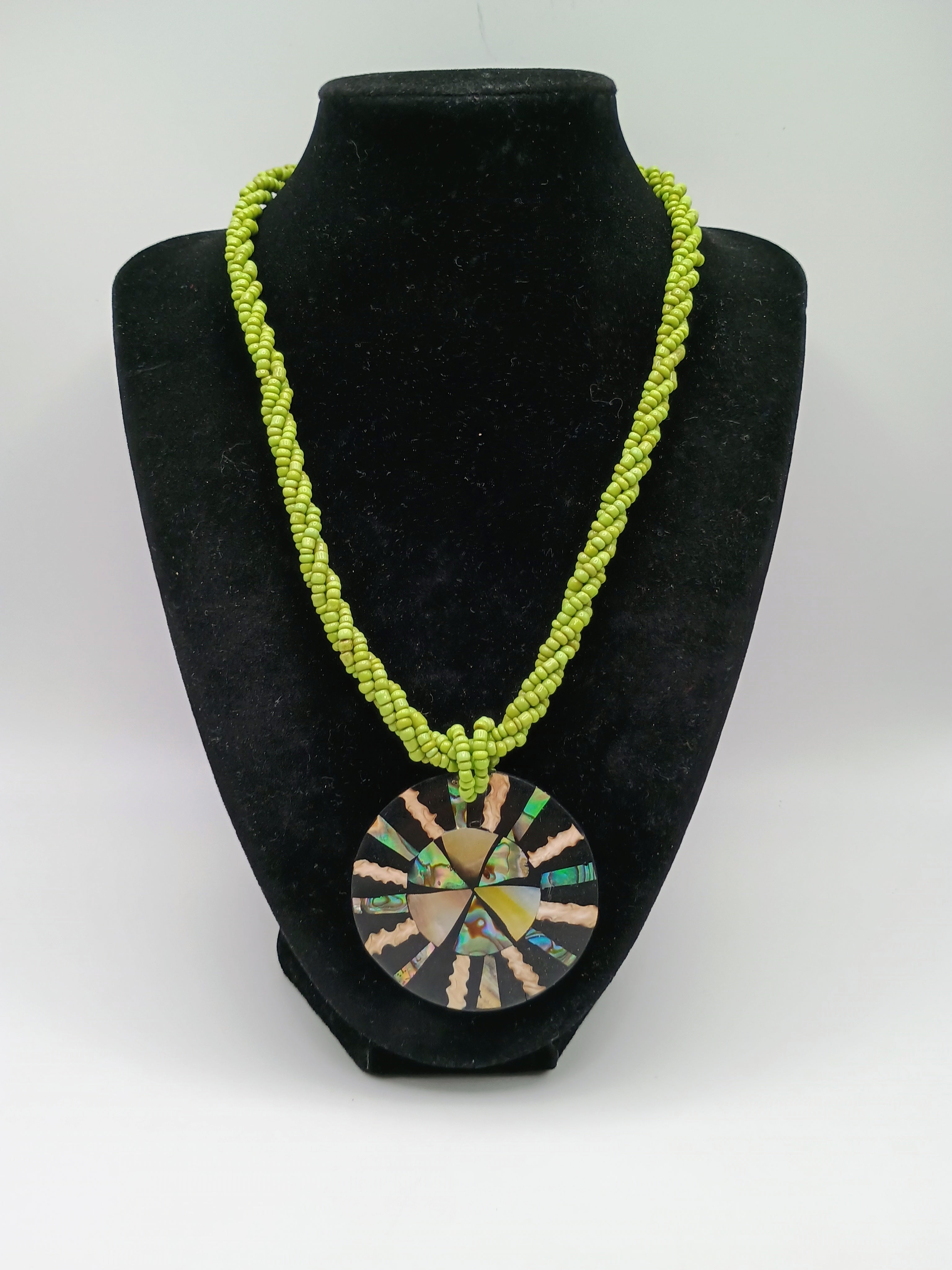 Green Bead Necklace with Natural Mother-of-Pearl Pendant