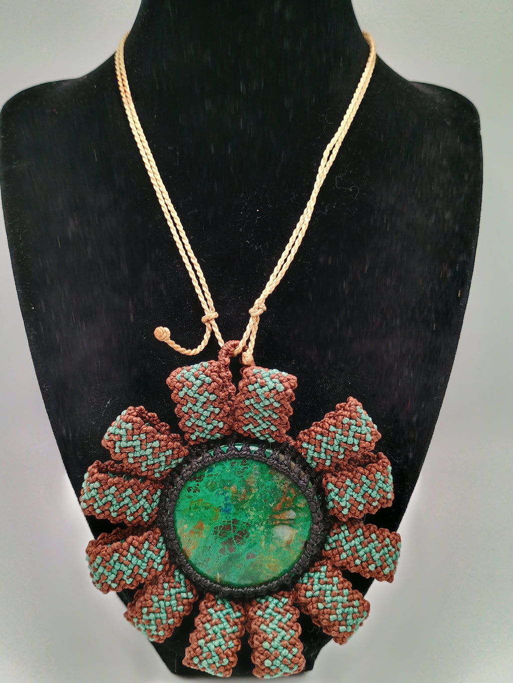 Macrame Necklace with Natural Green Stone Mandala Hand-woven