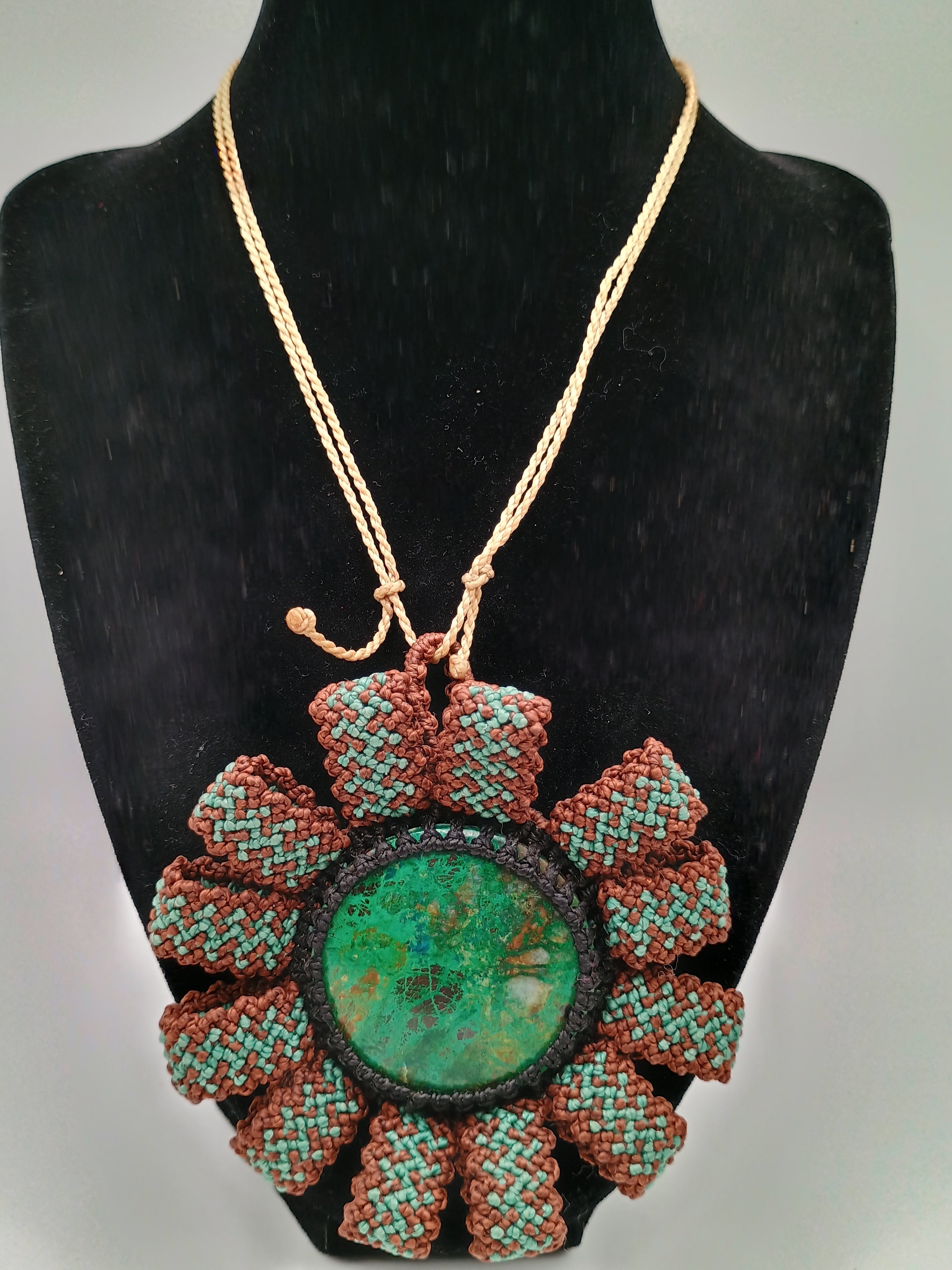 Macrame Necklace with Natural Green Stone Mandala Hand-woven