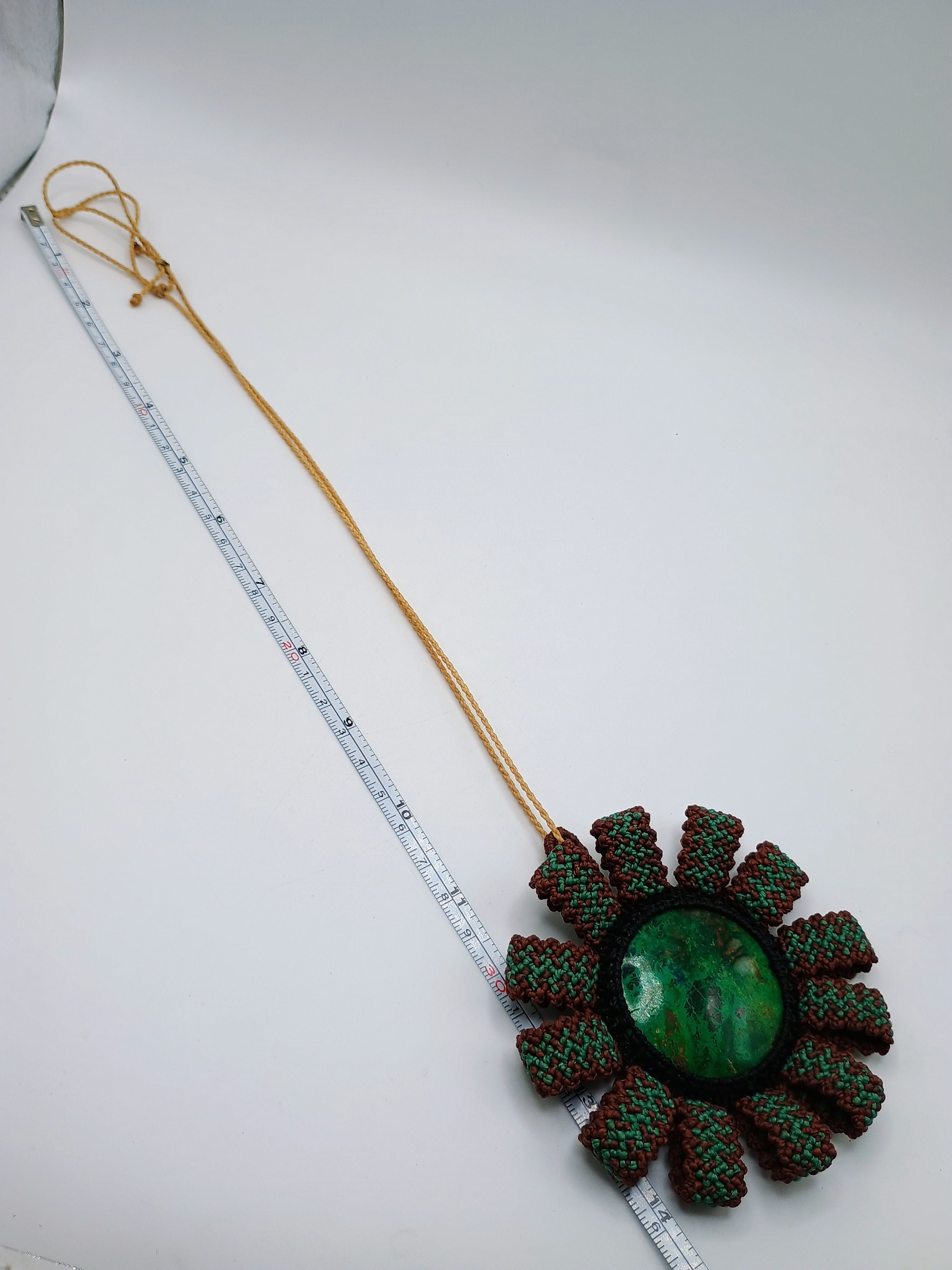 Macrame Necklace with Natural Green Stone Mandala Hand-woven