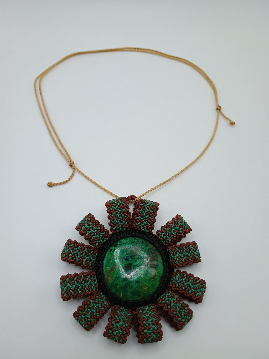 Macrame Necklace with Natural Green Stone Mandala Hand-woven
