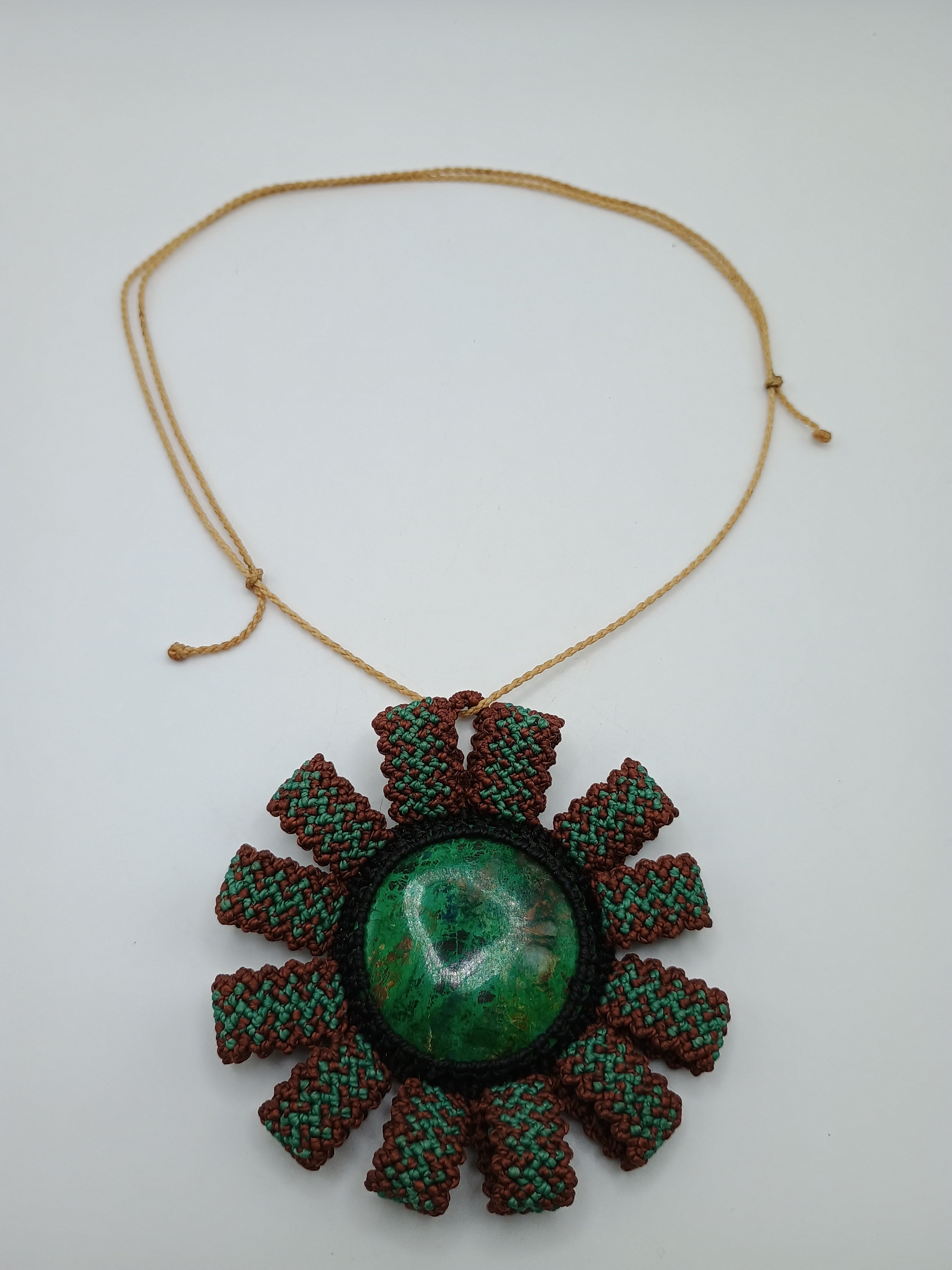 Macrame Necklace with Natural Green Stone Mandala Hand-woven