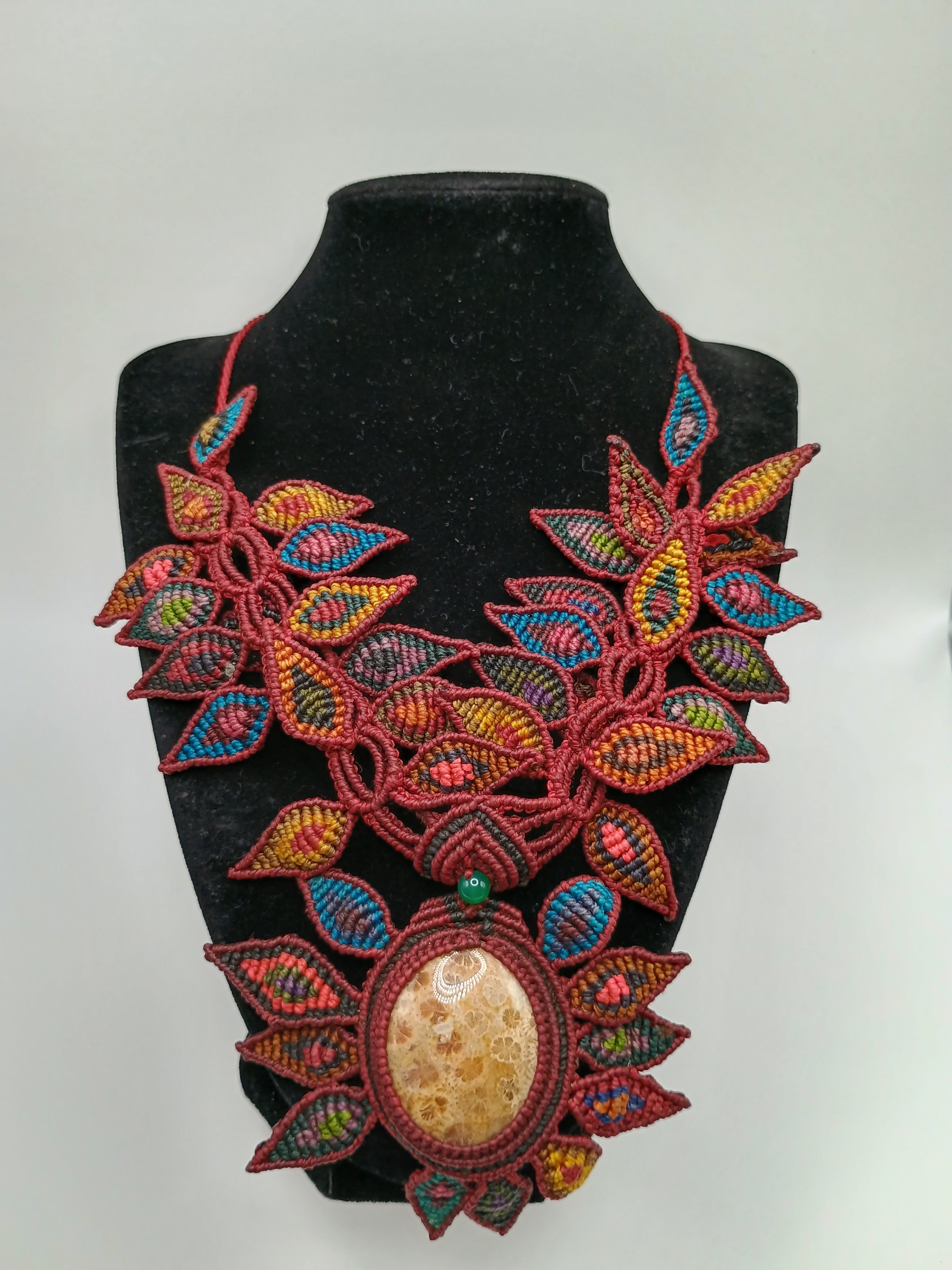 Macrame Necklace with Natural Leopard Stone and Handmade Leaf Design
