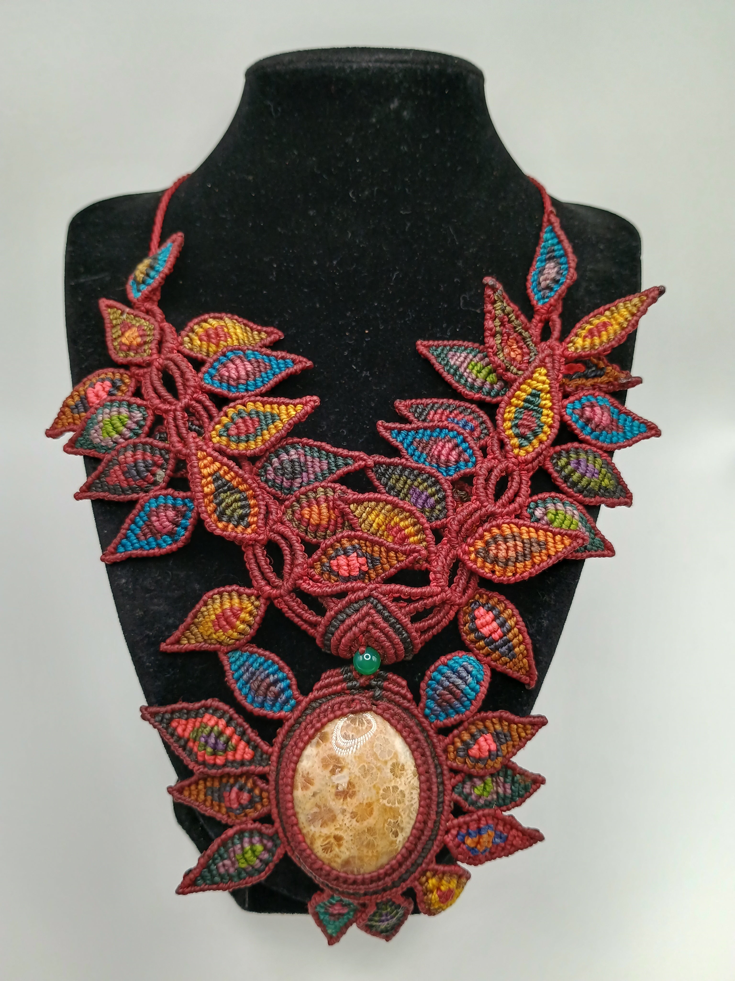 Macrame Necklace with Natural Leopard Stone and Handmade Leaf Design