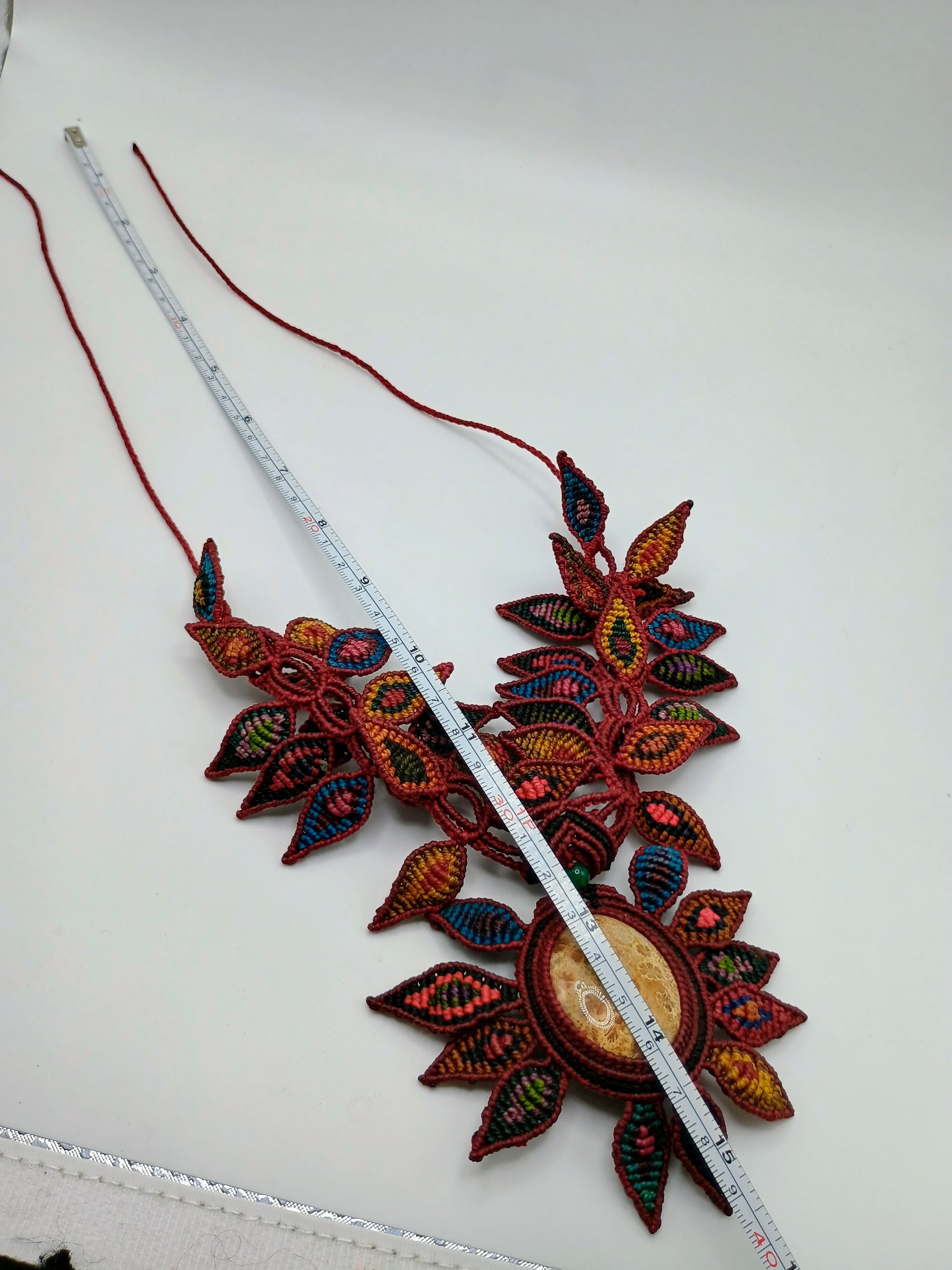 Macrame Necklace with Natural Leopard Stone and Handmade Leaf Design
