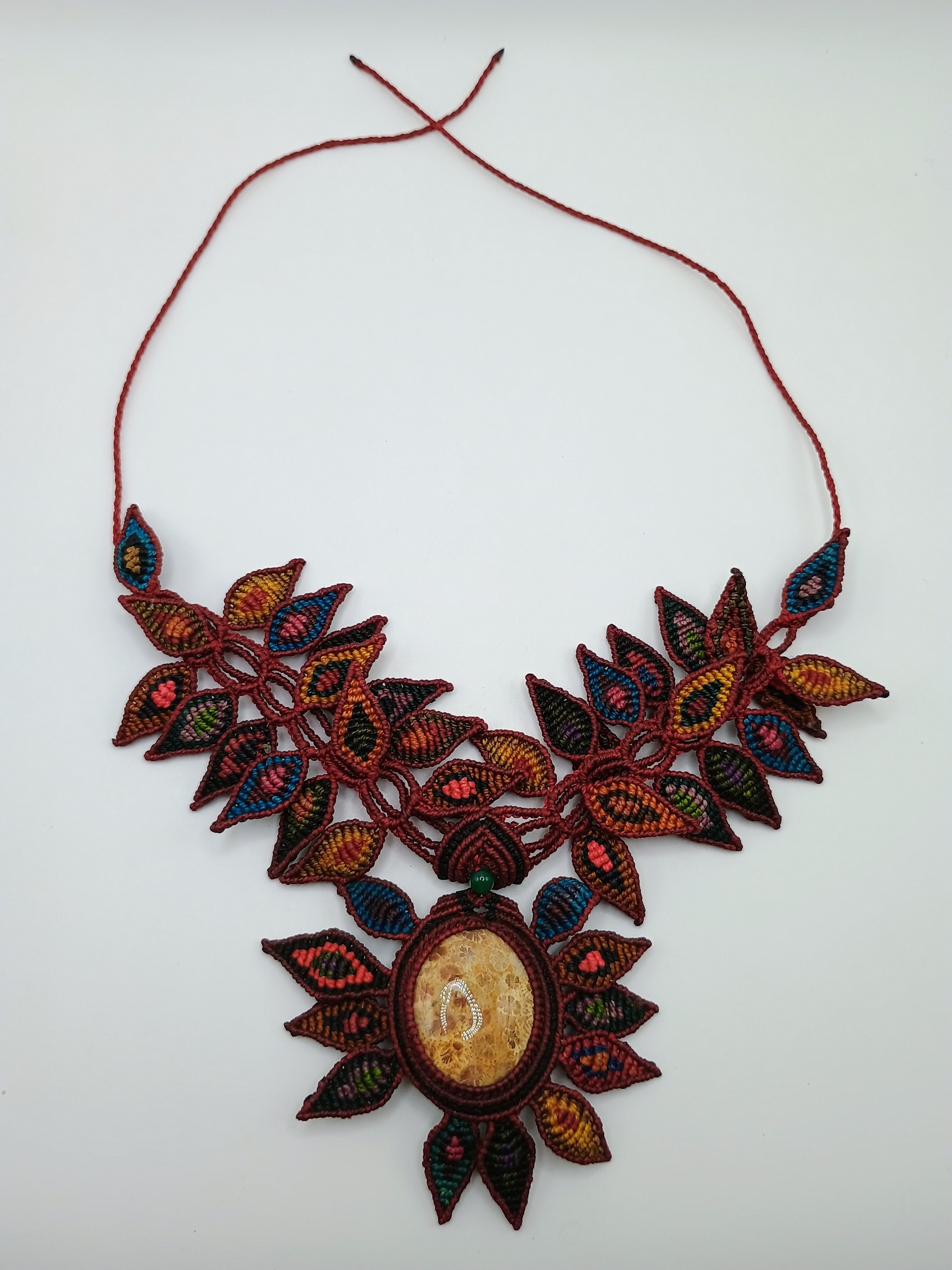 Macrame Necklace with Natural Leopard Stone and Handmade Leaf Design