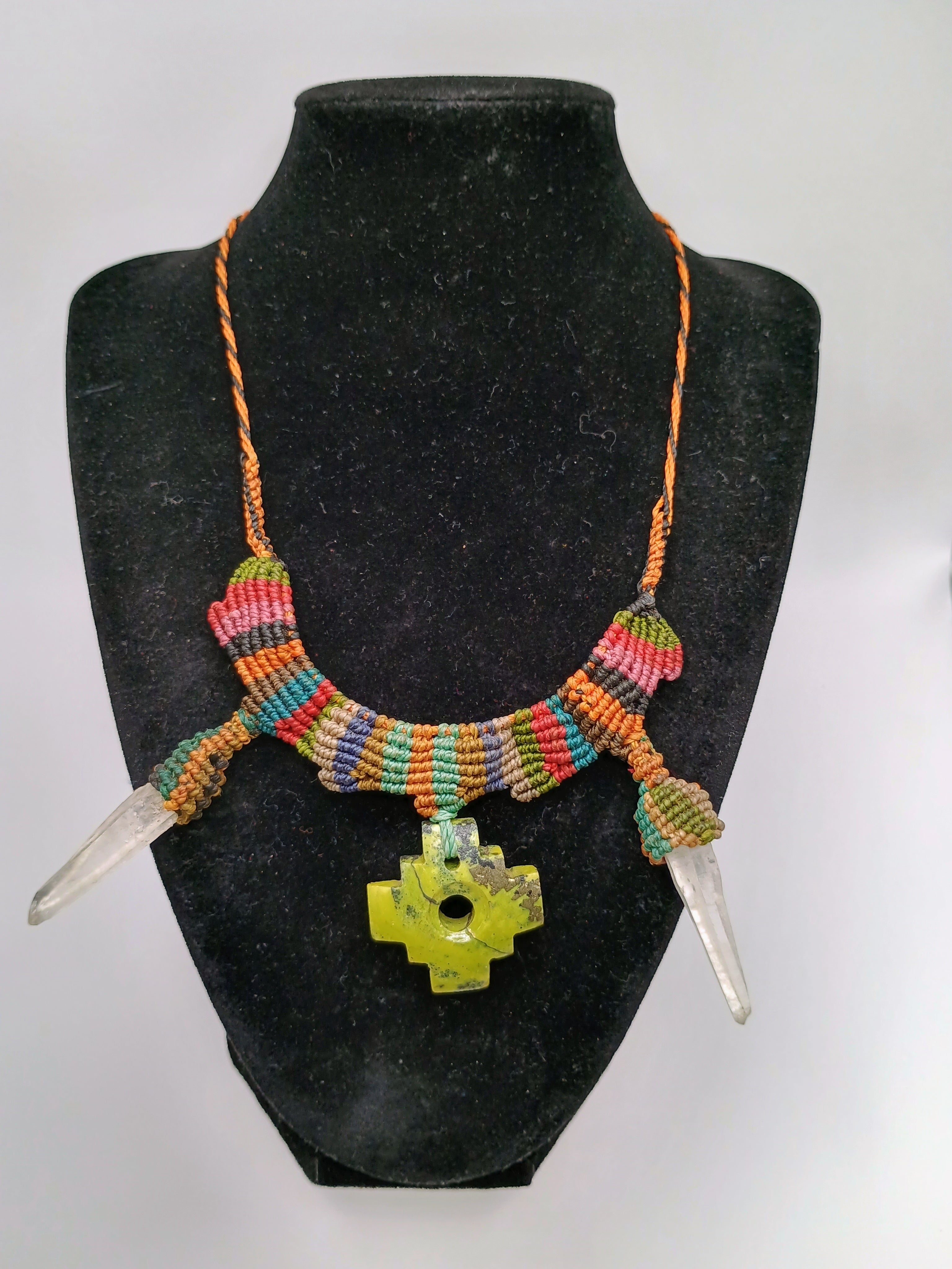 Handmade Macrame Necklace with Quartz Crystal Points and Chakana Pendant