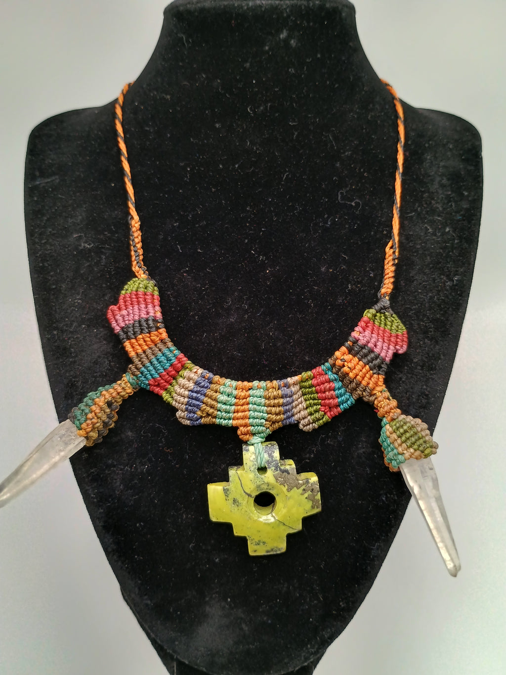 Handmade Macrame Necklace with Quartz Crystal Points and Chakana Pendant