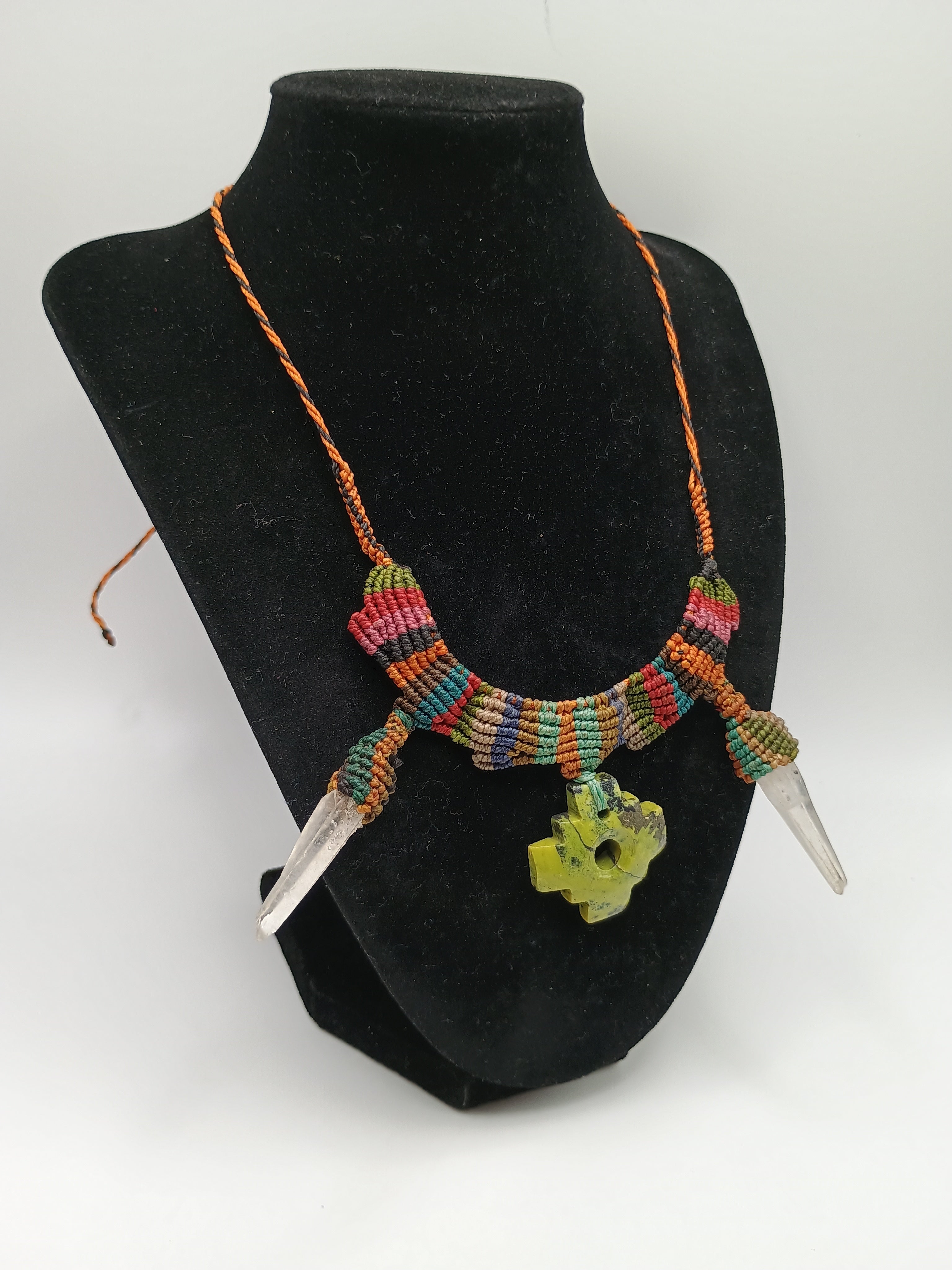 Handmade Macrame Necklace with Quartz Crystal Points and Chakana Pendant