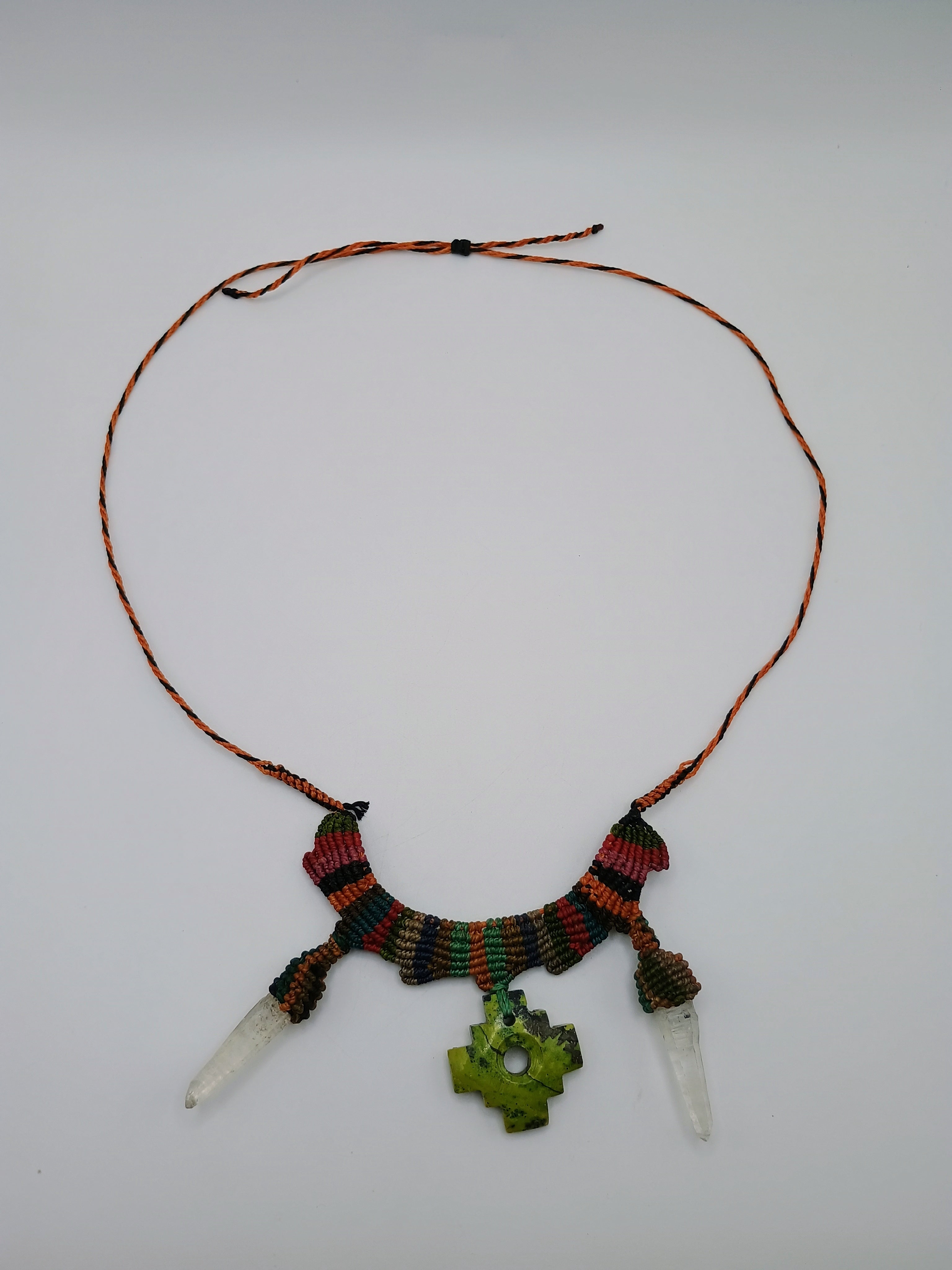 Handmade Macrame Necklace with Quartz Crystal Points and Chakana Pendant