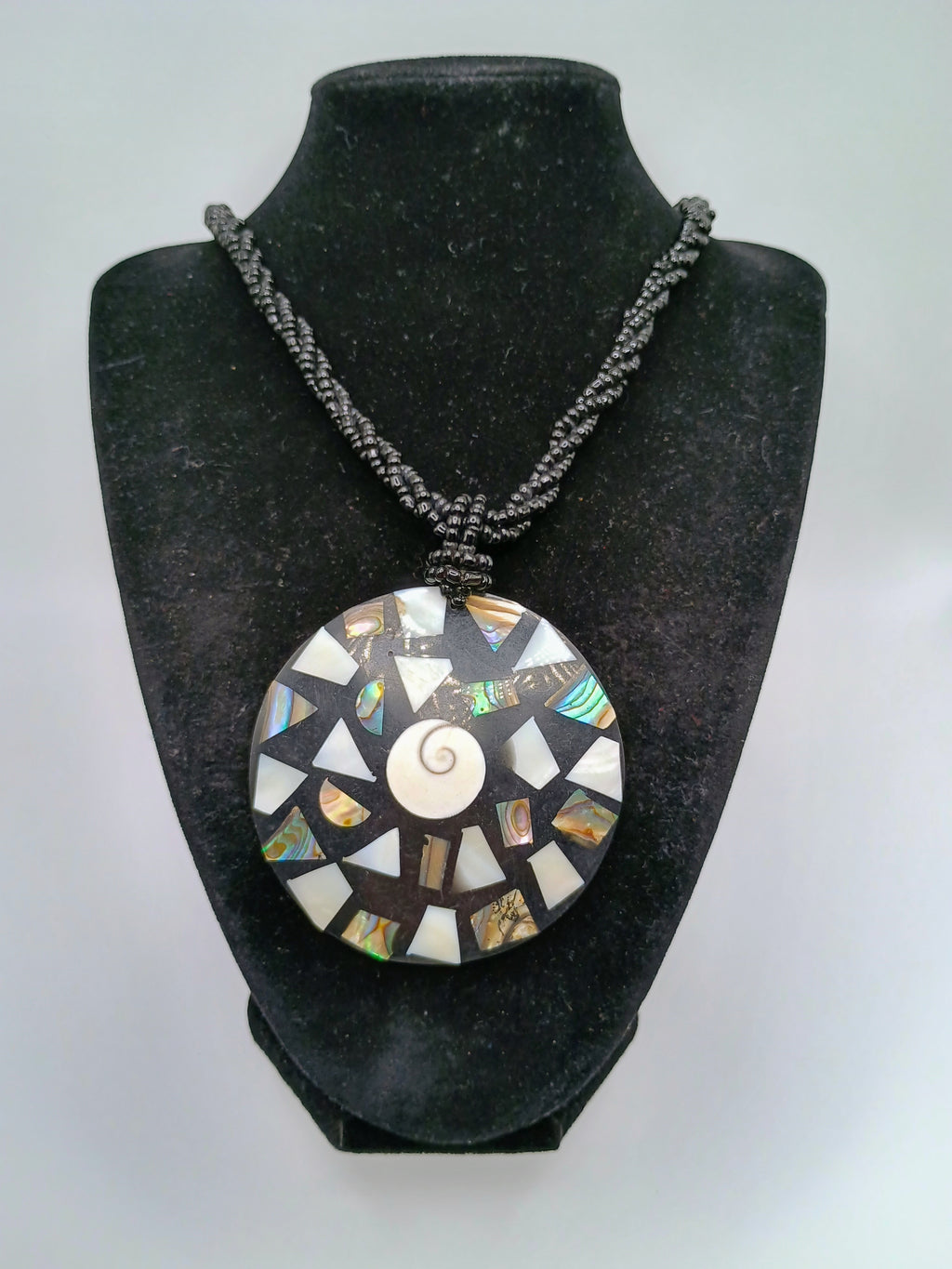 Handmade Mother-of-Pearl Mosaic Necklace with Shell Pendant, Cord, and Black Beads