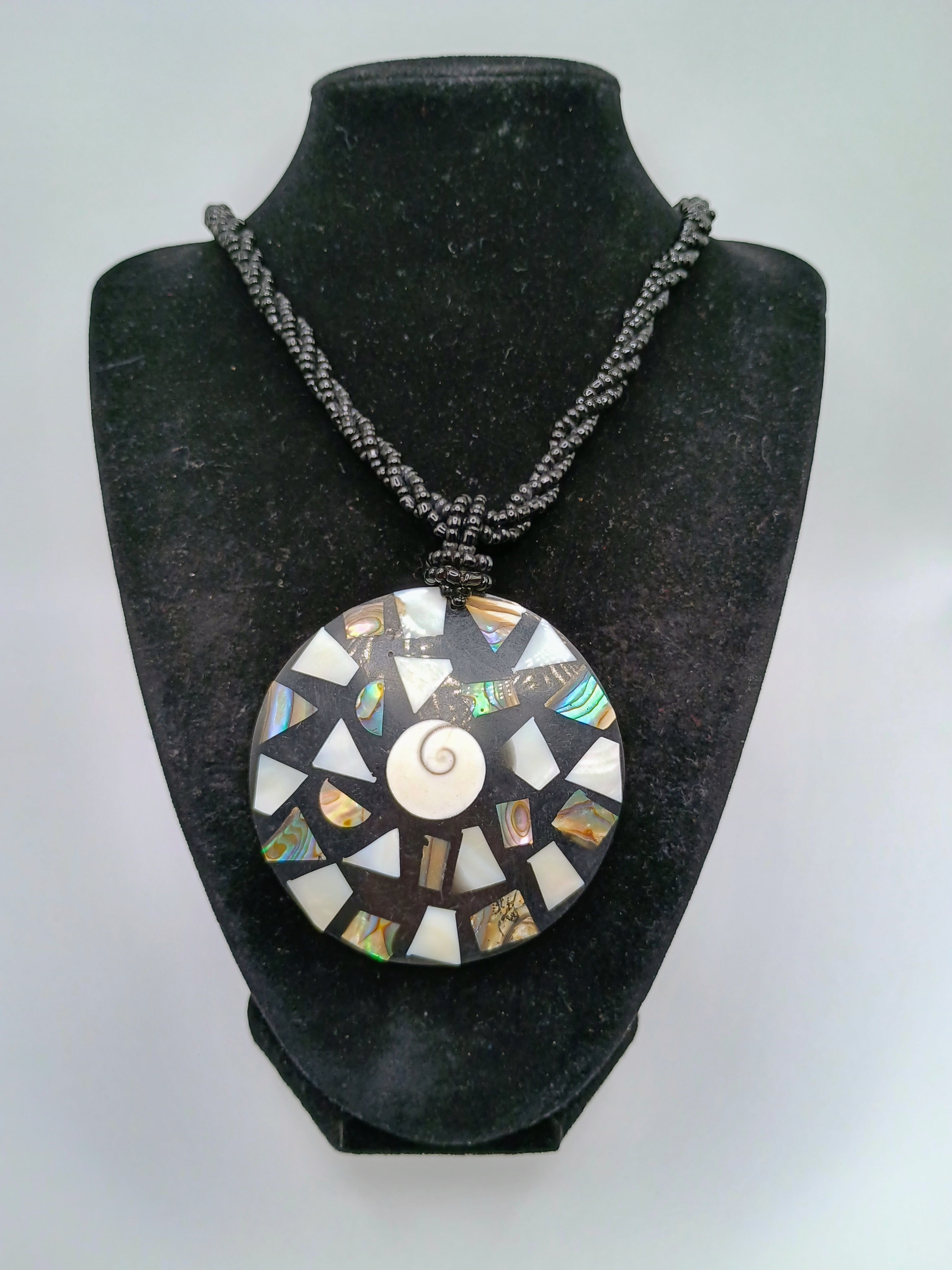 Handmade Mother-of-Pearl Mosaic Necklace with Shell Pendant, Cord, and Black Beads