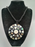 Handmade Mother-of-Pearl Mosaic Necklace with Shell Pendant, Cord, and Black Beads