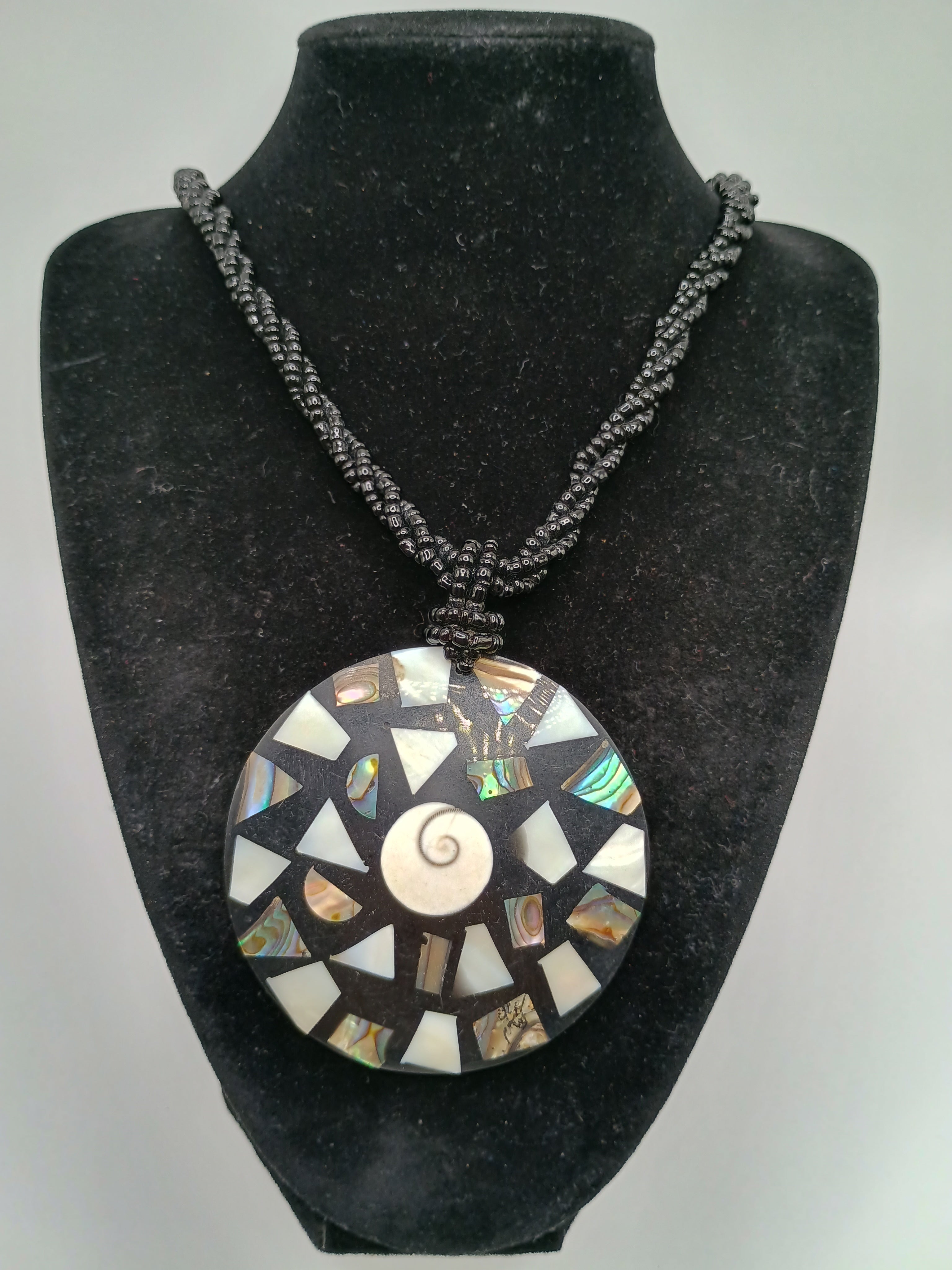 Handmade Mother-of-Pearl Mosaic Necklace with Shell Pendant, Cord, and Black Beads
