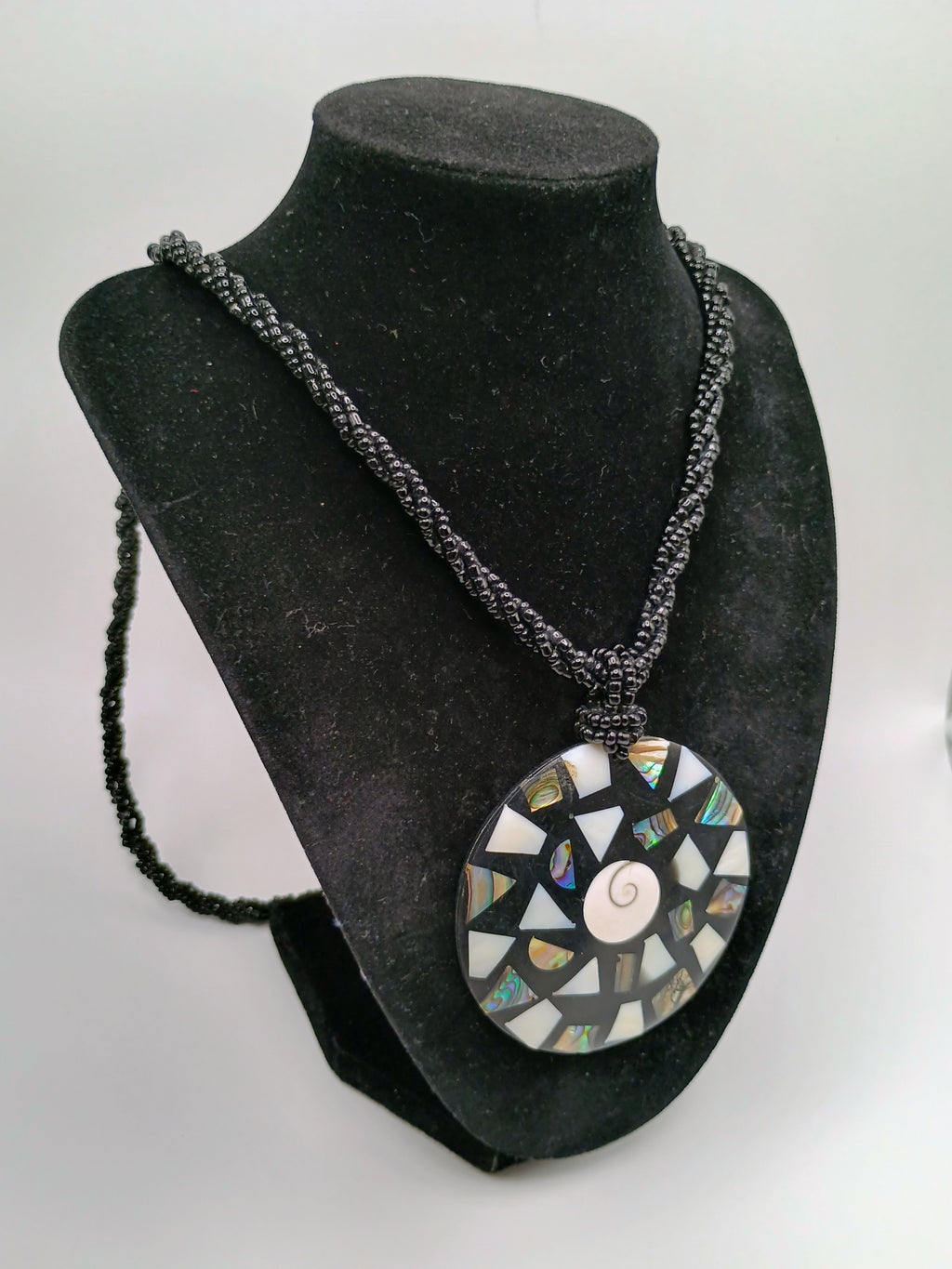 Handmade Mother-of-Pearl Mosaic Necklace with Shell Pendant, Cord, and Black Beads