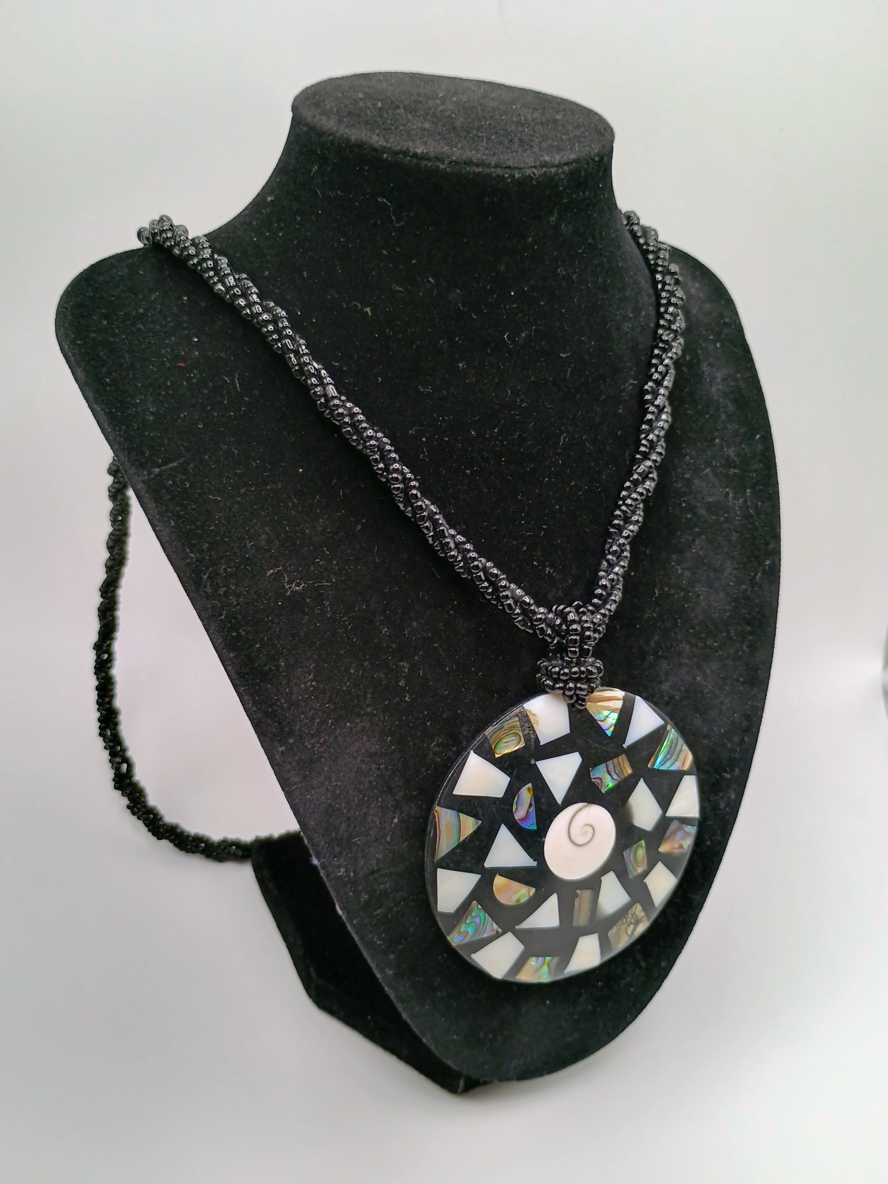 Handmade Mother-of-Pearl Mosaic Necklace with Shell Pendant, Cord, and Black Beads
