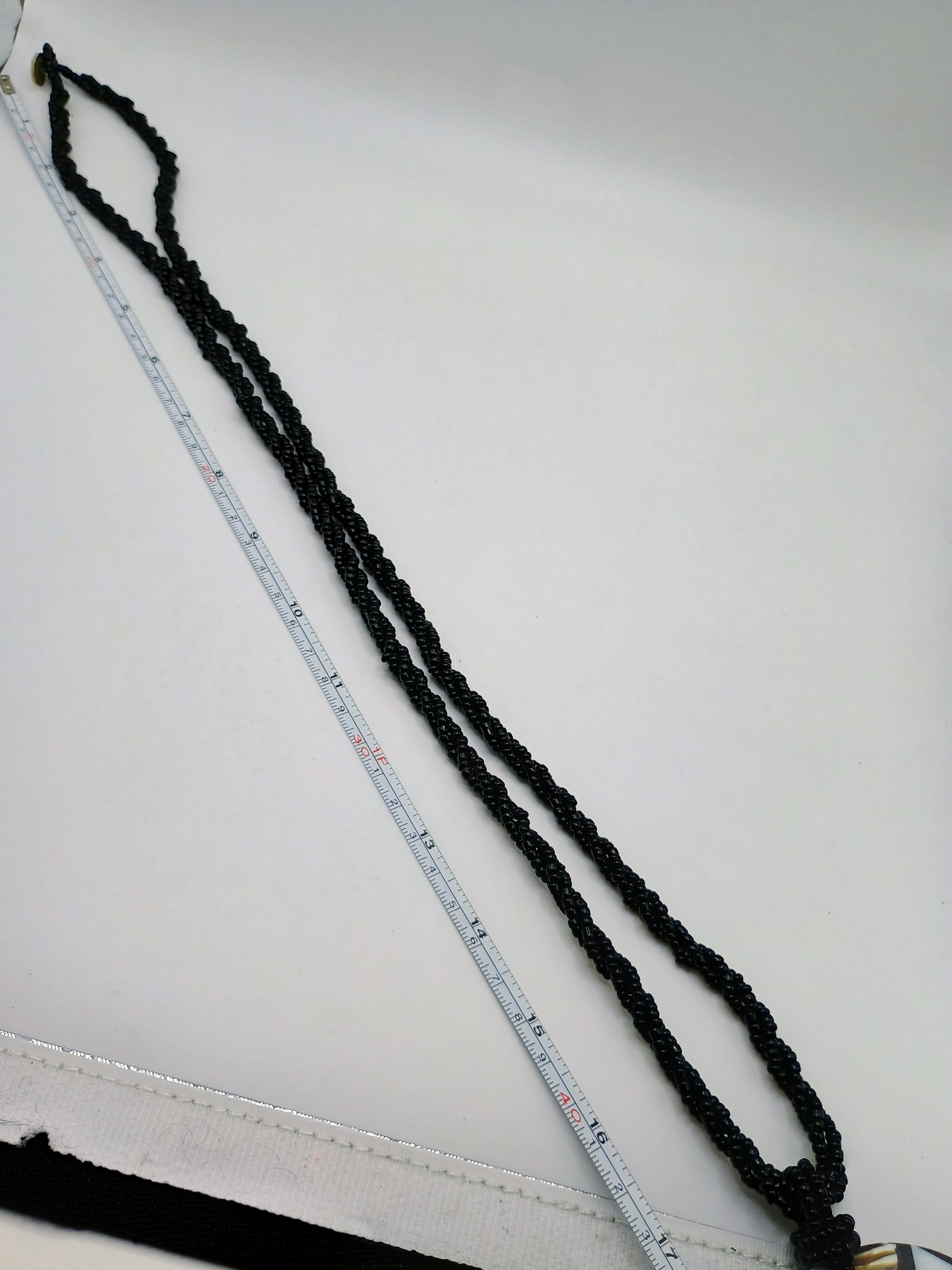 Handmade Mother-of-Pearl Mosaic Necklace with Shell Pendant, Cord, and Black Beads