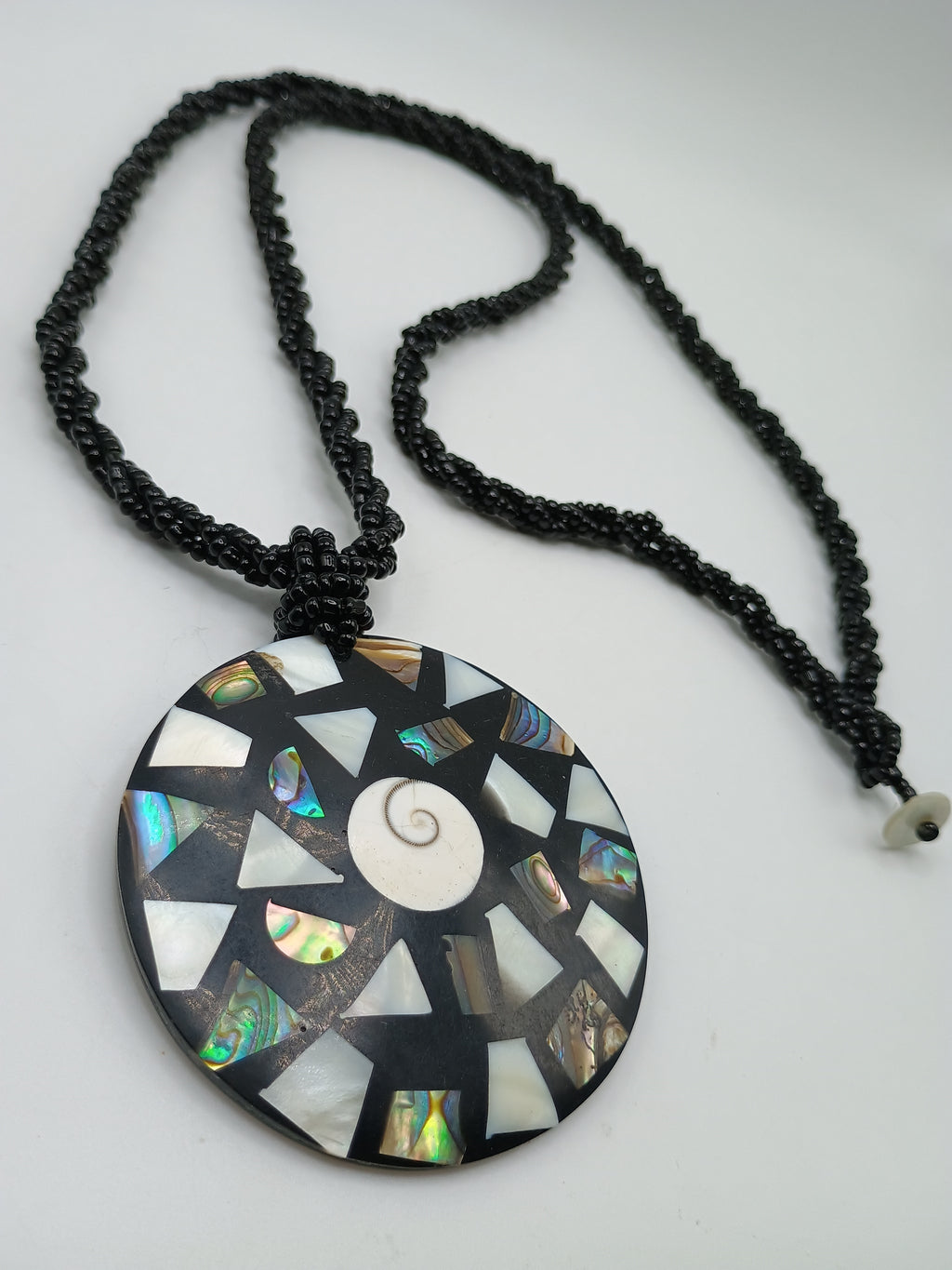 Handmade Mother-of-Pearl Mosaic Necklace with Shell Pendant, Cord, and Black Beads