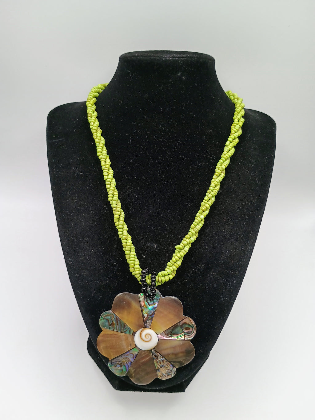 Handmade Flower Necklace Mother of Pearl Choker with Green Beads Peruvian Handicraft