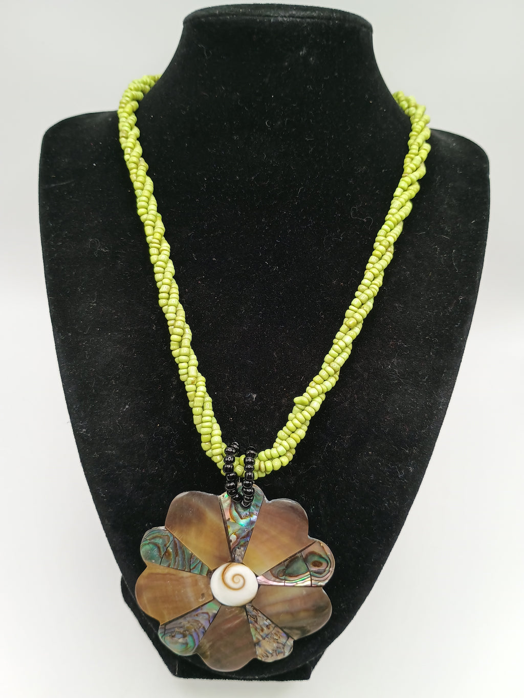 Handmade Flower Necklace Mother of Pearl Choker with Green Beads Peruvian Handicraft