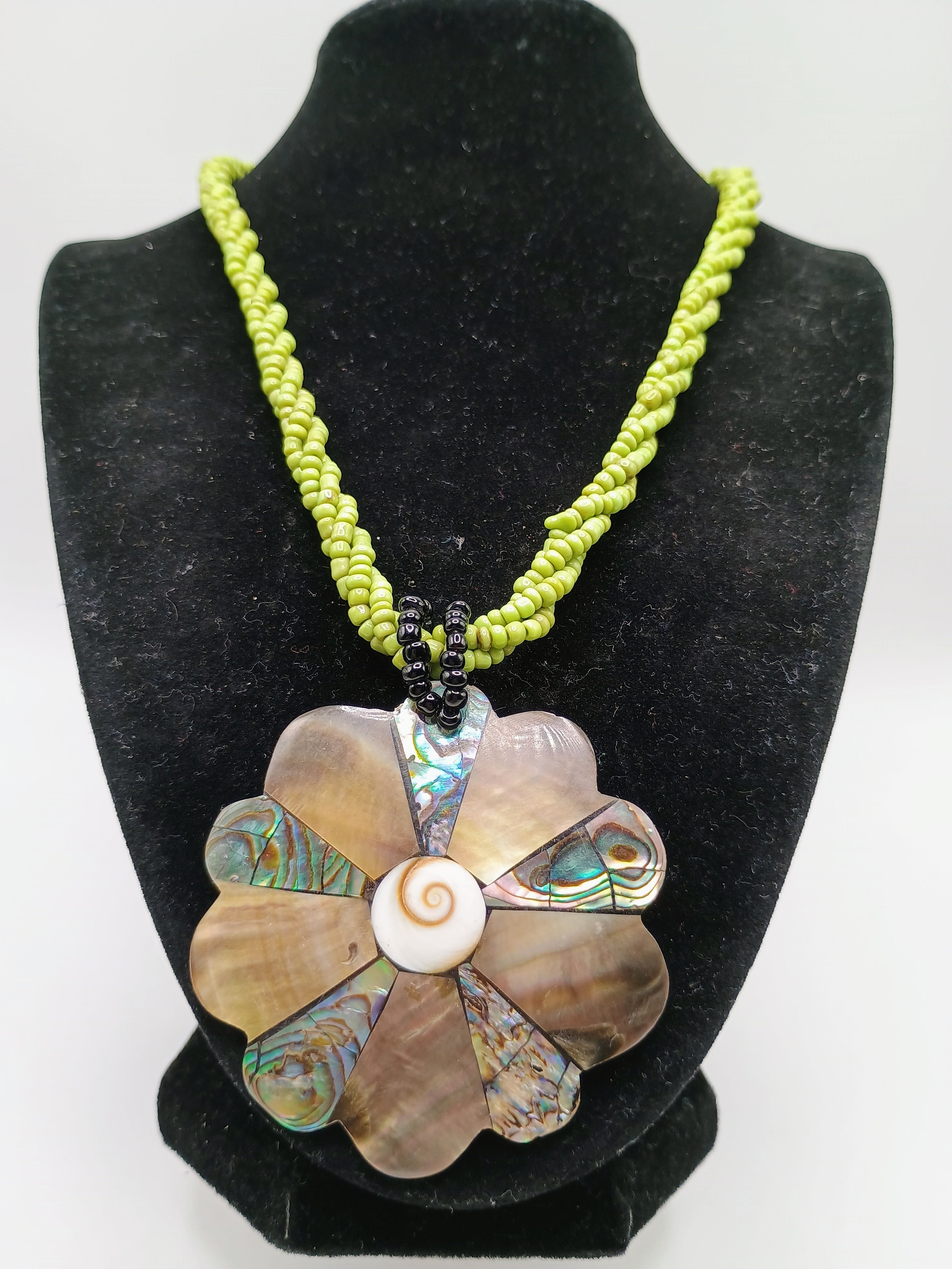 Handmade Flower Necklace Mother of Pearl Choker with Green Beads Peruvian Handicraft