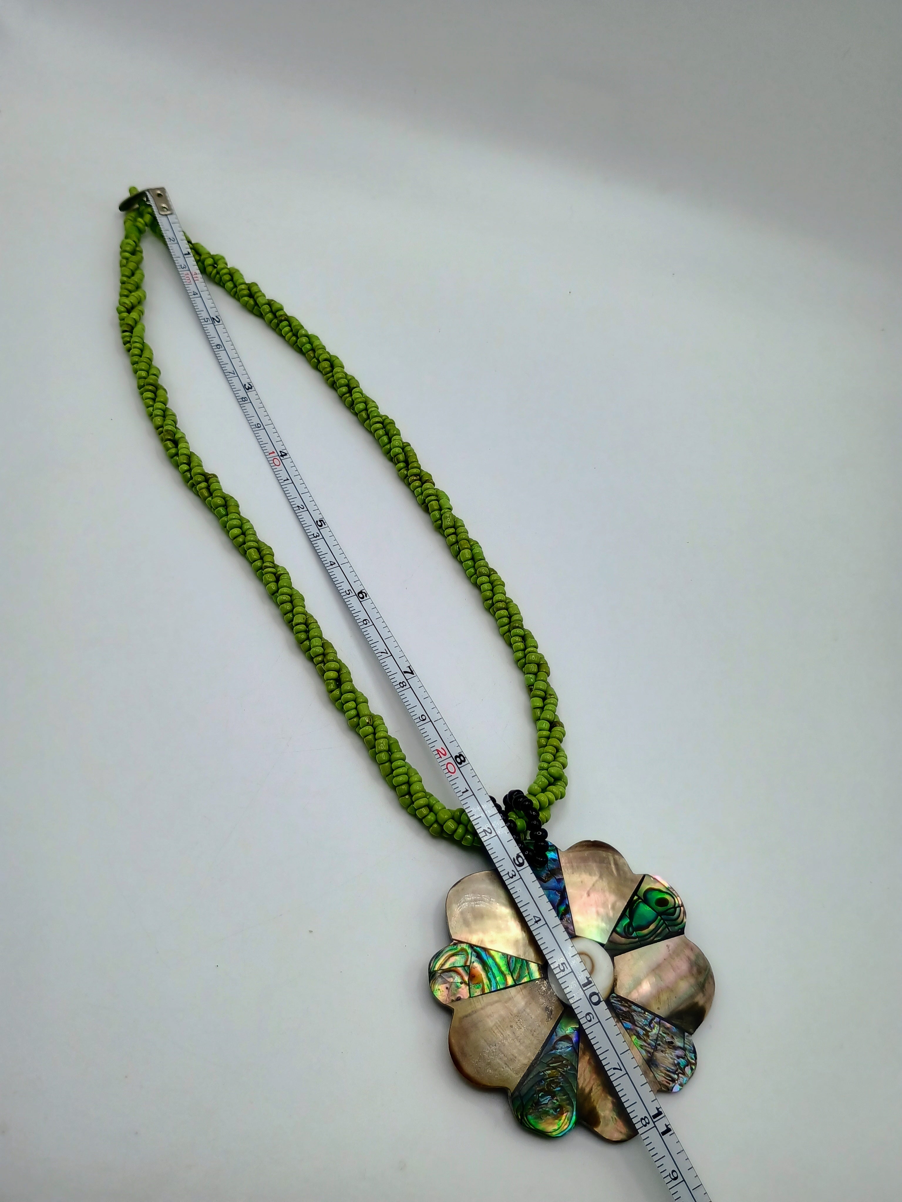 Handmade Flower Necklace Mother of Pearl Choker with Green Beads Peruvian Handicraft